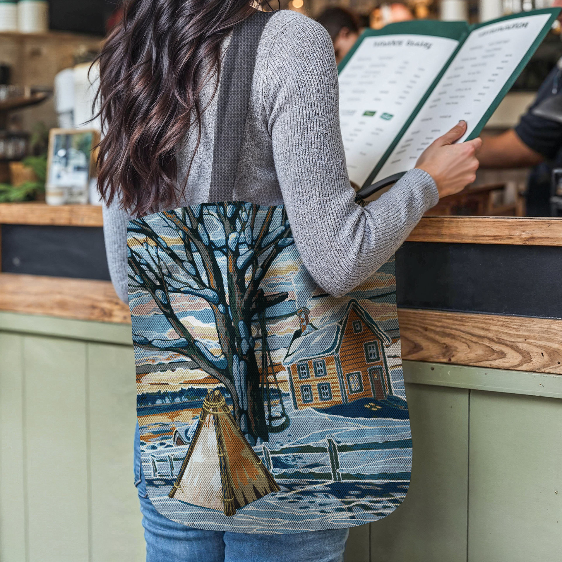 Blue Farm in Winter Woven Bag