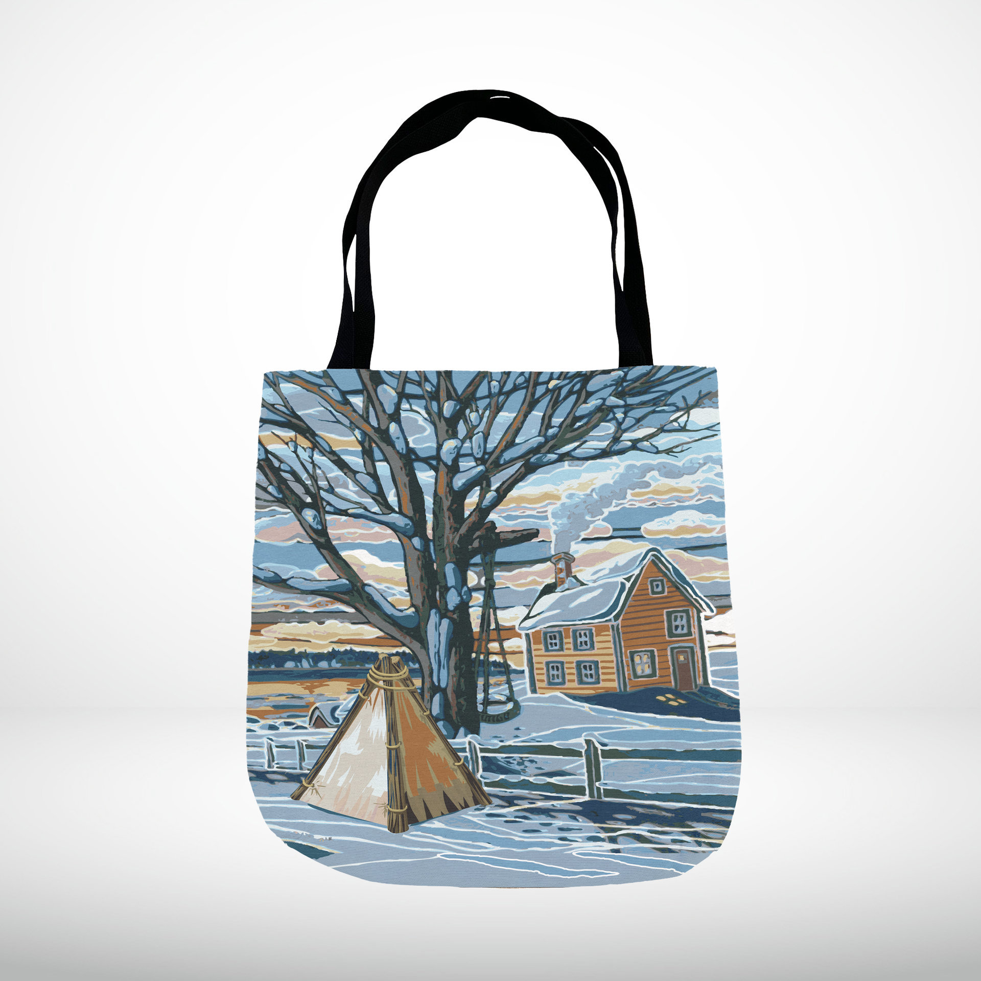 Blue Farm in Winter Woven Tapestry Bag