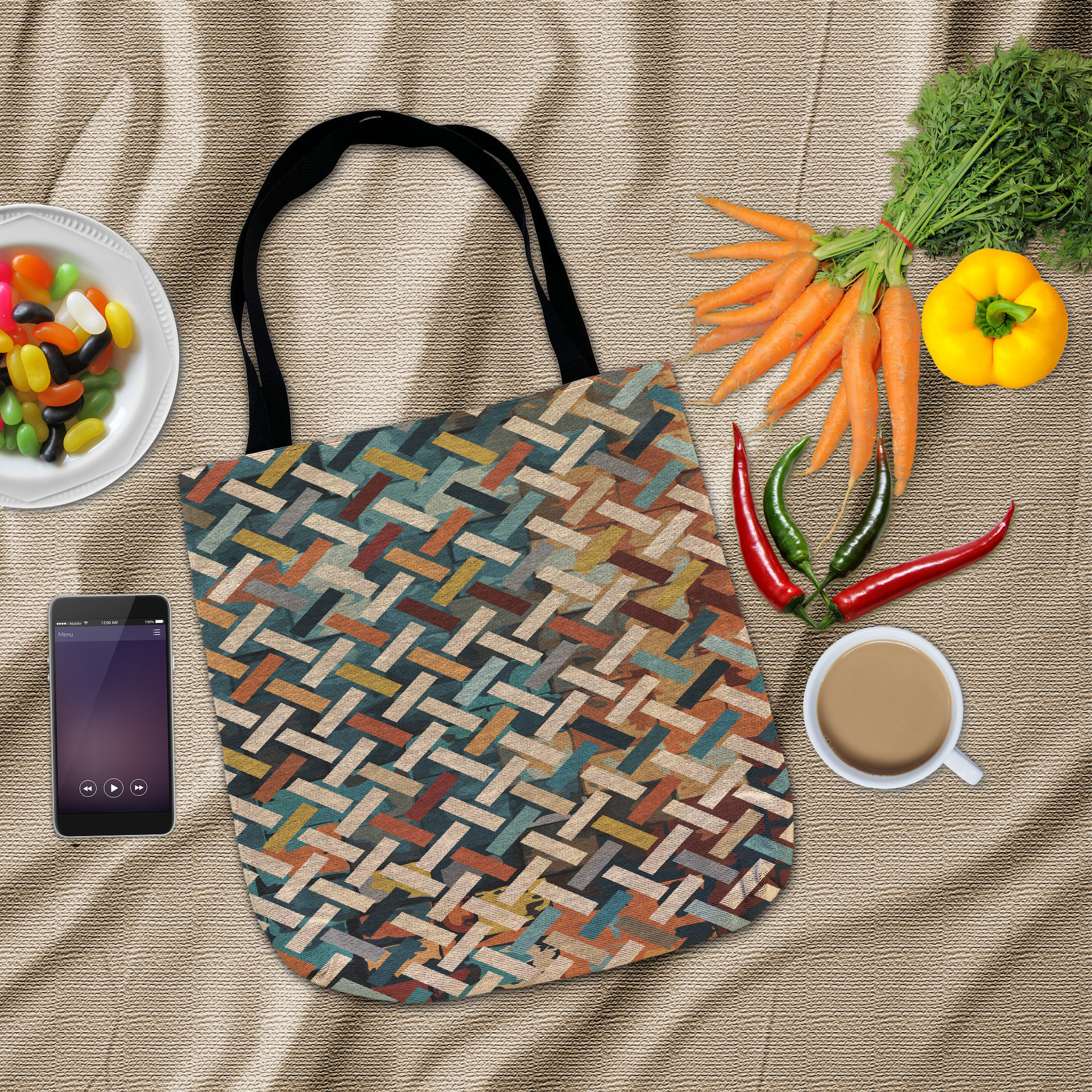 Basketweave Woven Shopping Bag, Abstract Geometric Pattern