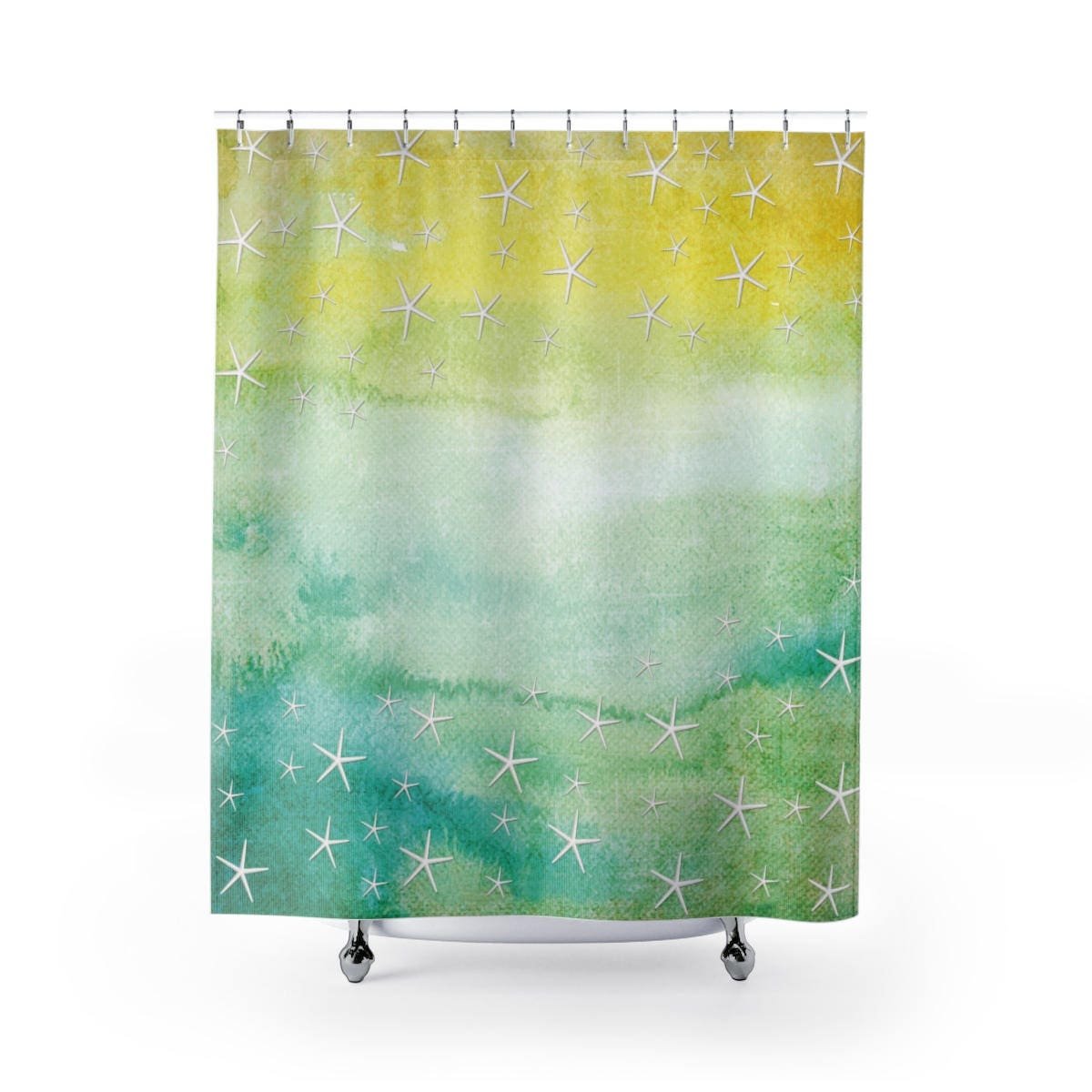 White starfish on a pastel aqua, yellow and green watercolor beach background.