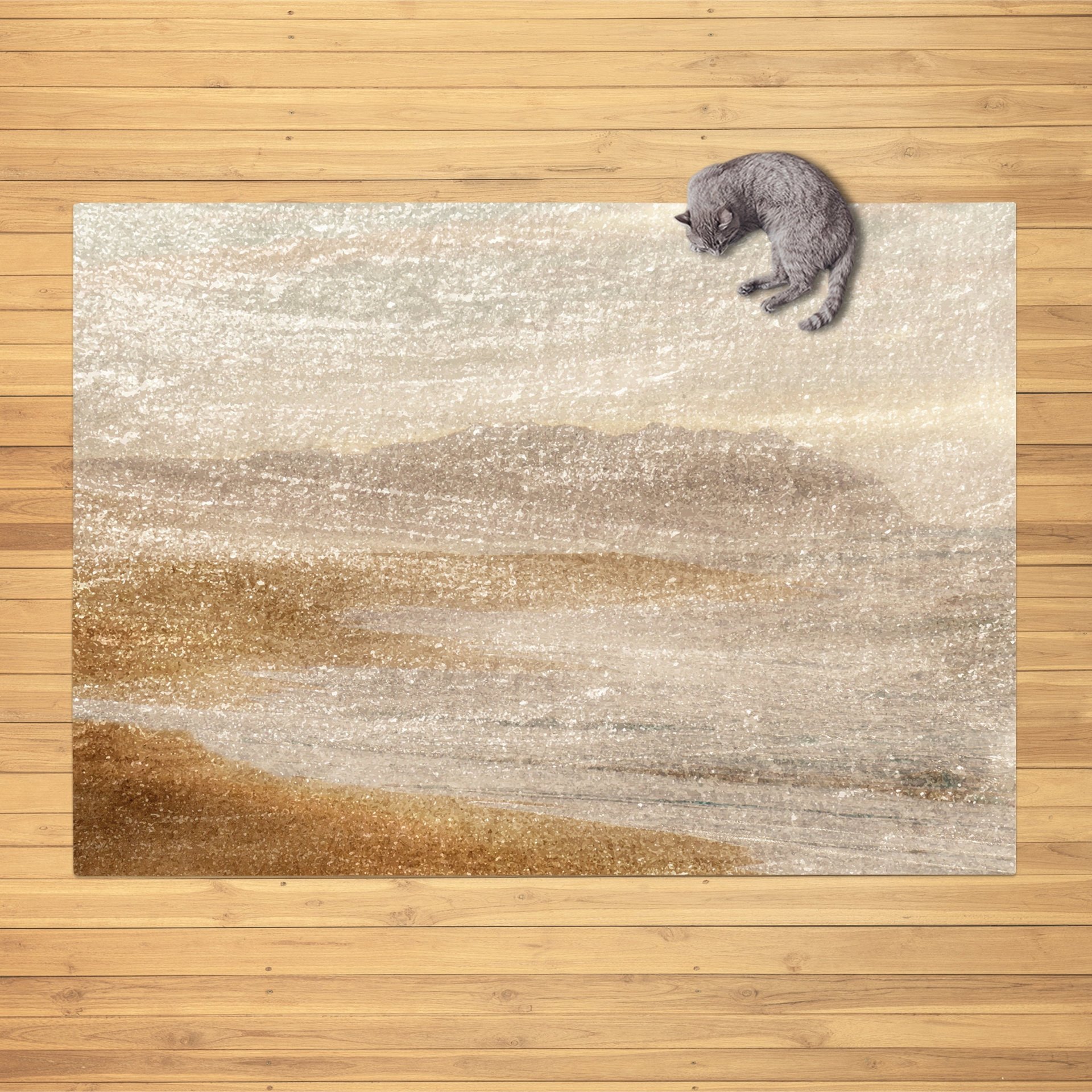 Neutral area rug with an abstract coastal haze design in taupe, beige, and soft grey tones, styled on a wood floor with a cat resting at the corner.