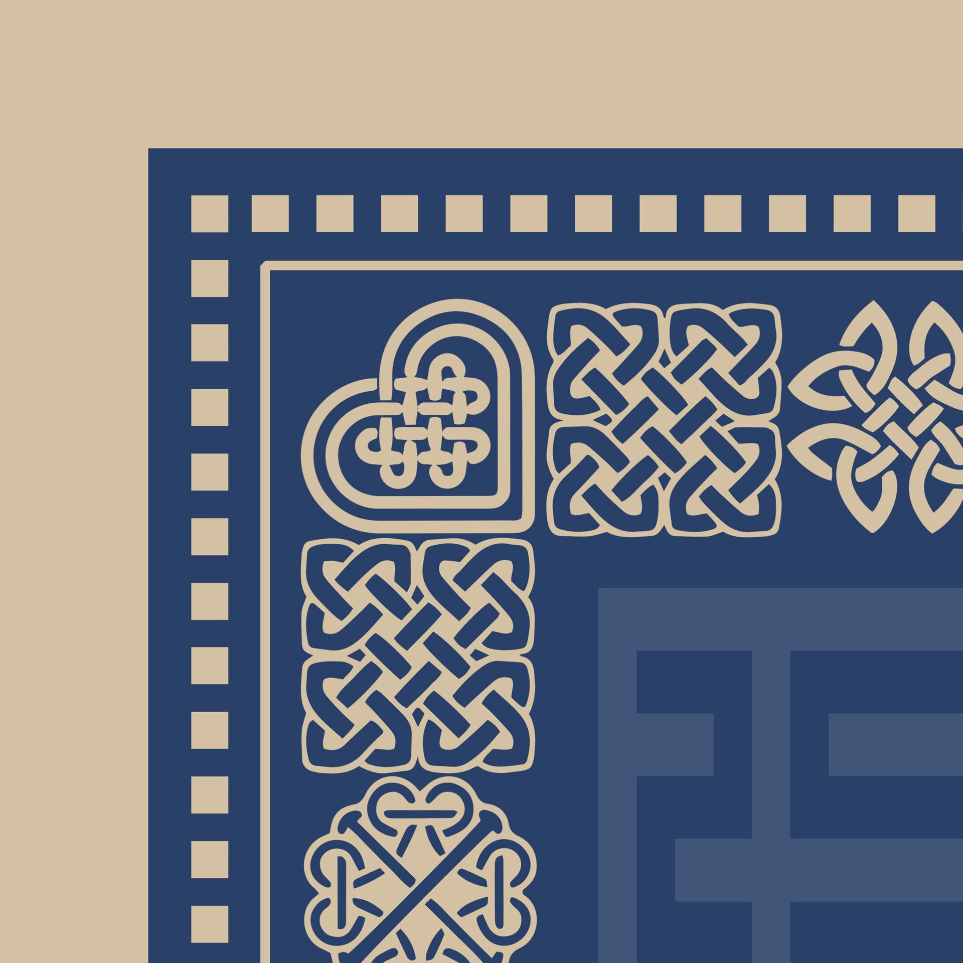 Blue Maze Rug with Beige Celtic Knot Border corner close up.