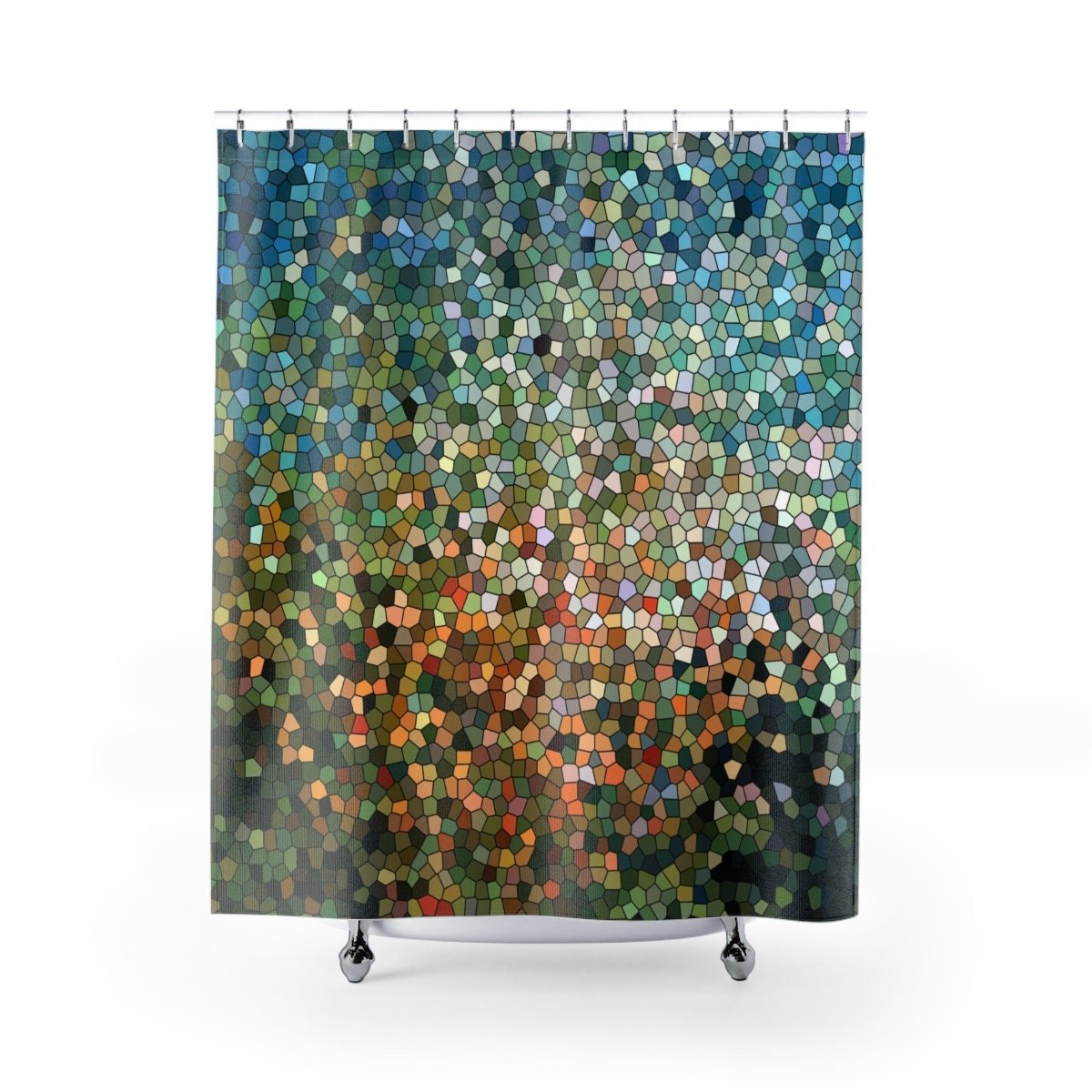Shower curtain with colorful abstract stained glass design in blue, green, brown and peach.