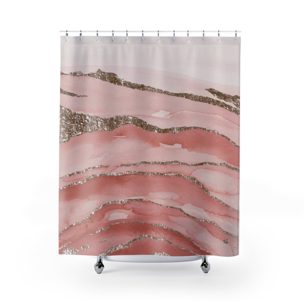 Shower curtain Watercolor marble art in dusky pink and faux gold and brown for a glam, girlie bathroom decor.