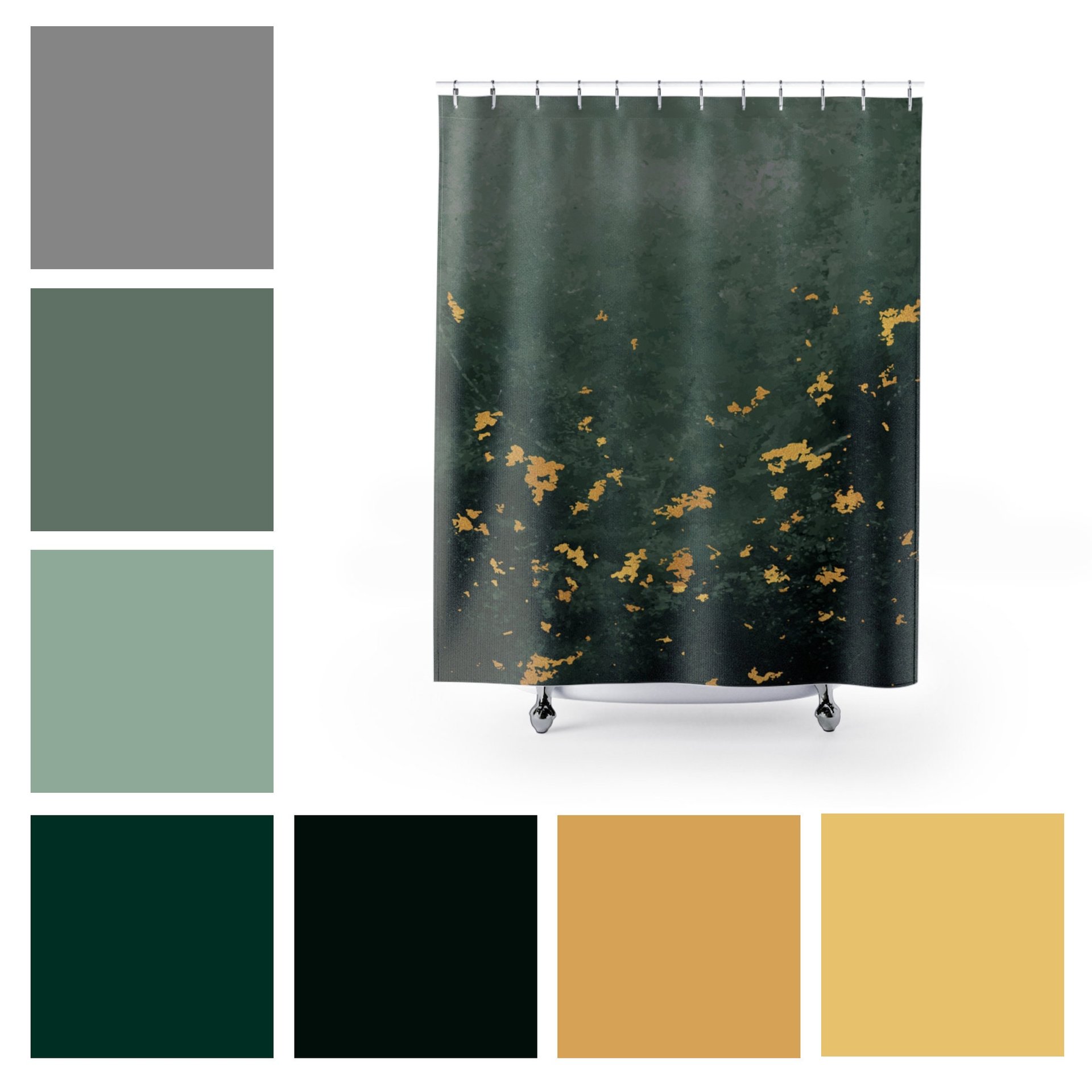 Abstract Green Gray Ombré and Gold Shower Curtain color swatches