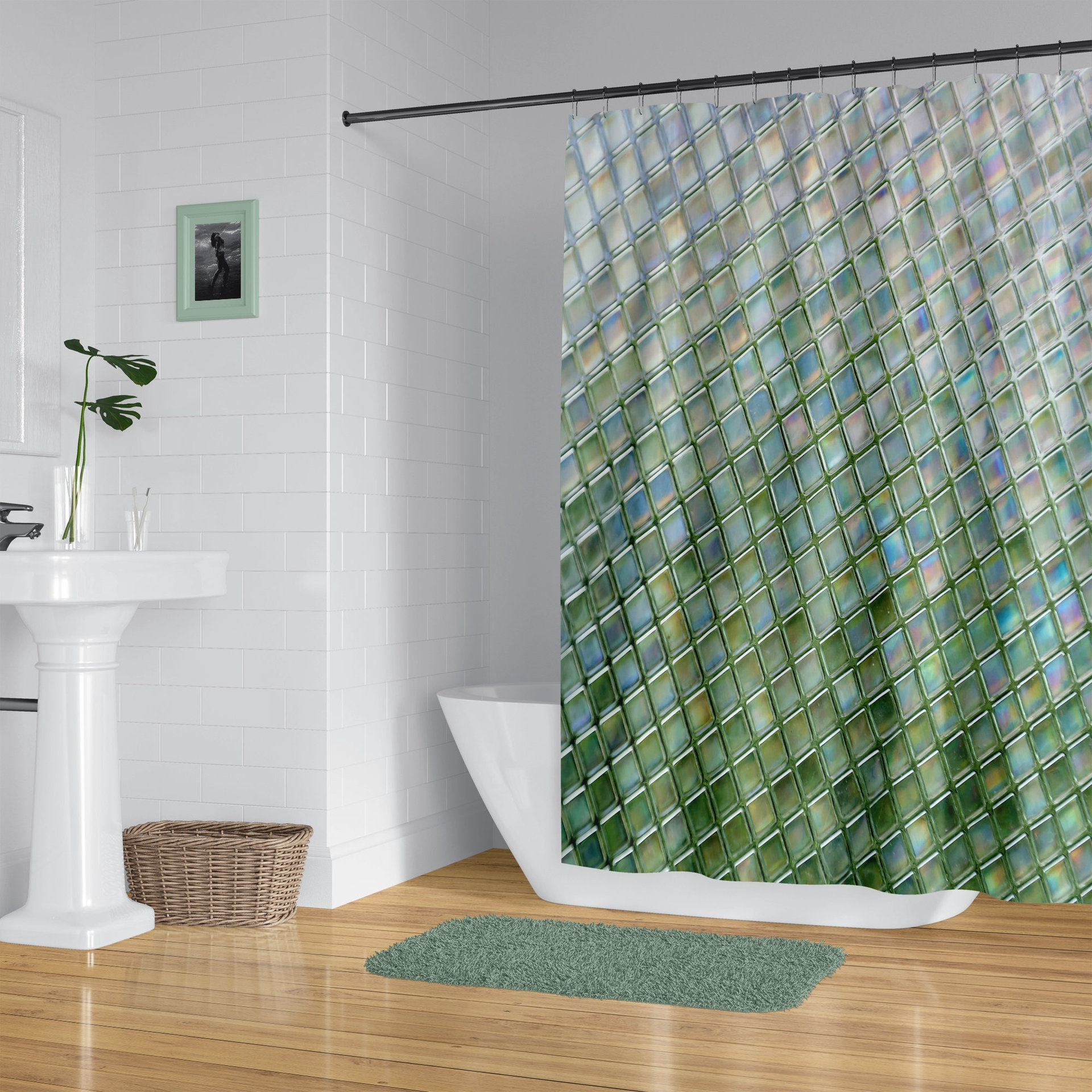Green Ombré Glass Tile Shower Curtain