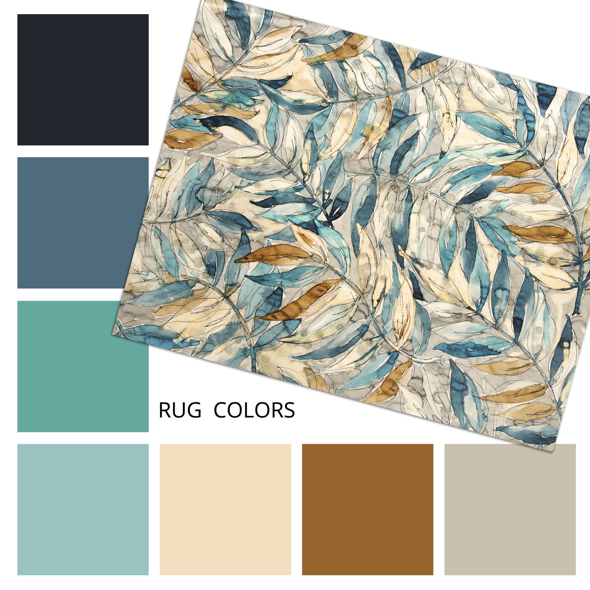 Watercolor Leaf Rug with color palette swatches
