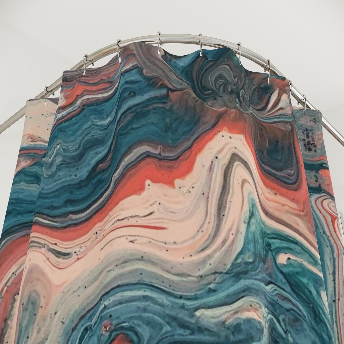 Blue and Coral Pink Abstract Art Shower Curtain top view