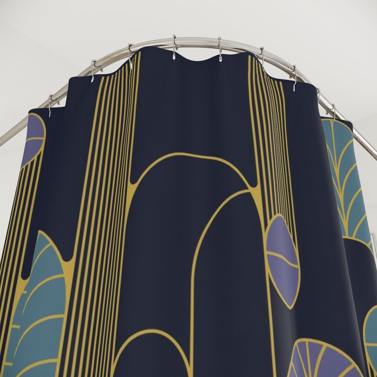 Navy Blue Art Deco Shower Curtain top view