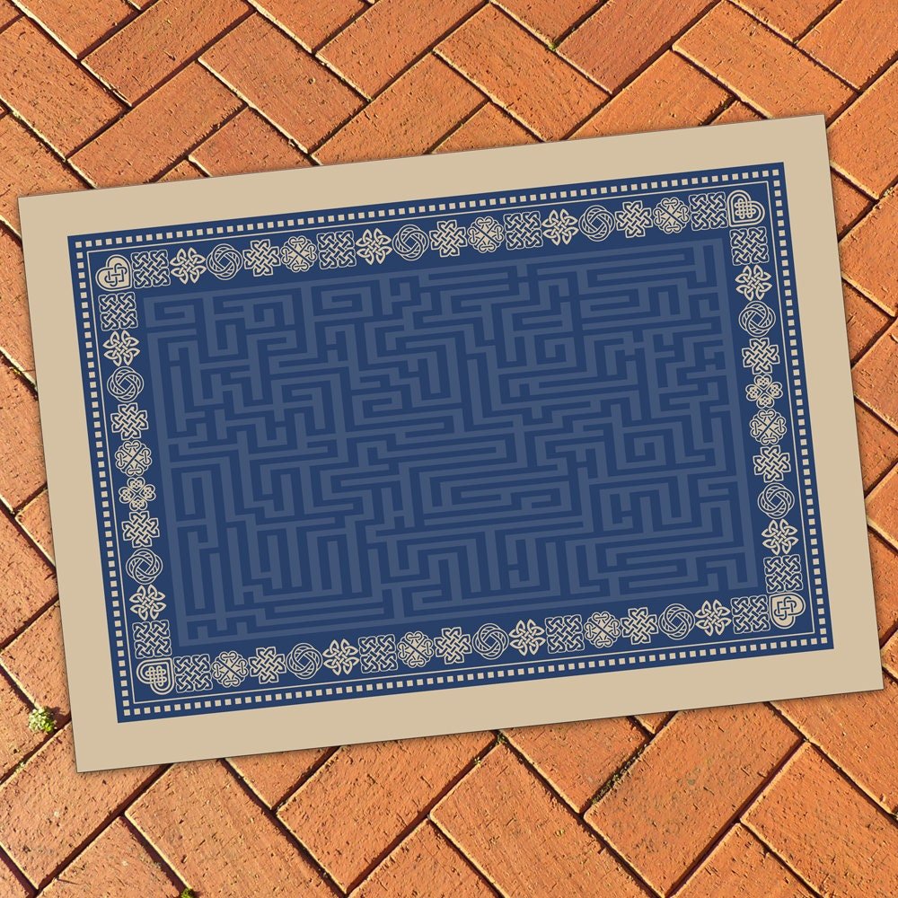 Blue Maze Rug with Beige Celtic Knot Border on a red brick patio floor
