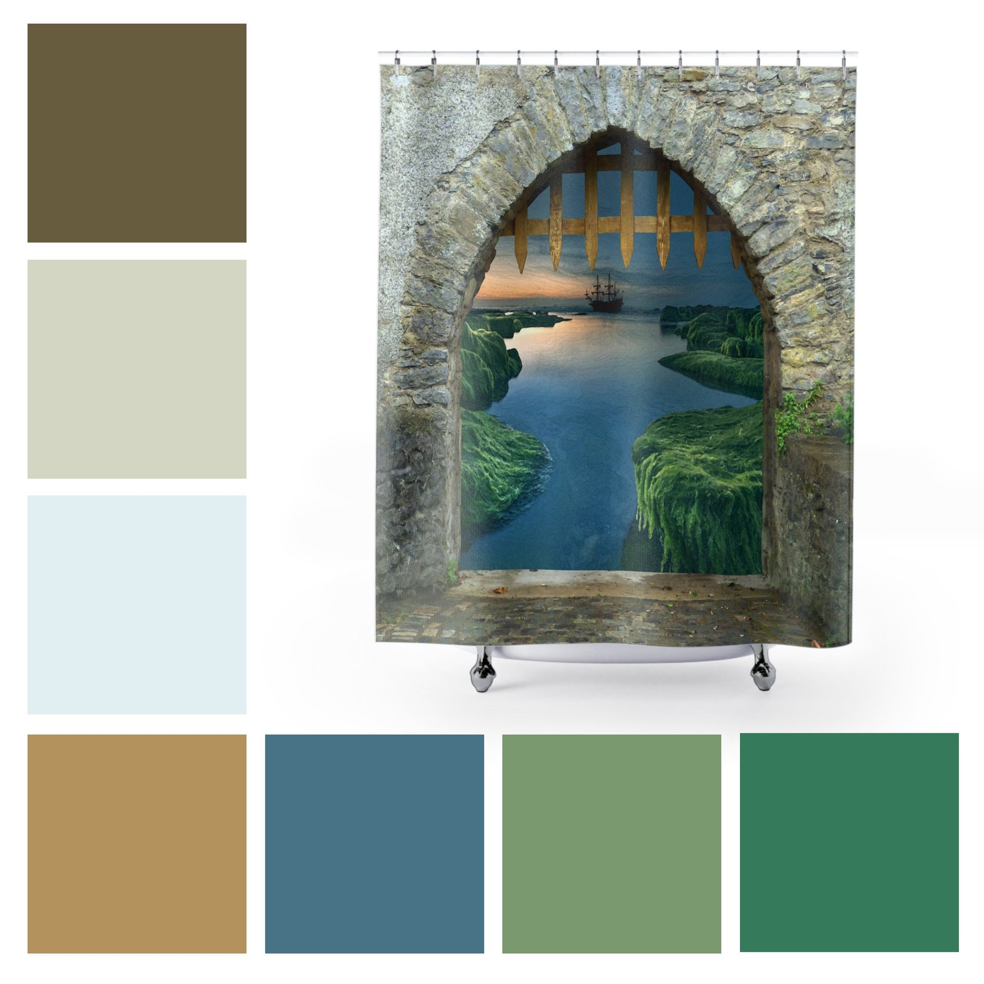 Medieval Castle Drawbridge Shower Curtain color palette