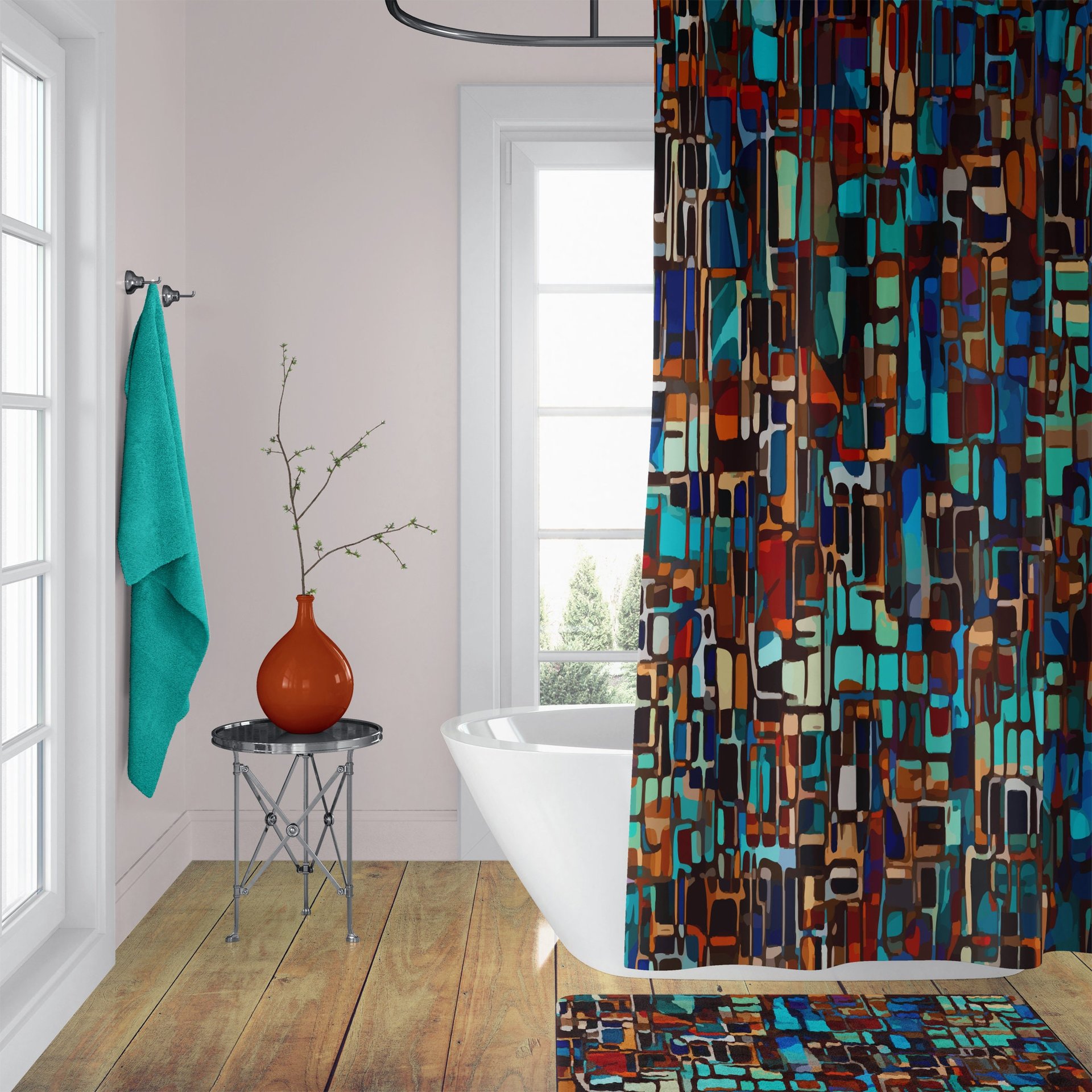Turquoise, orange, brown and black stained glass color block design shower curtain set
