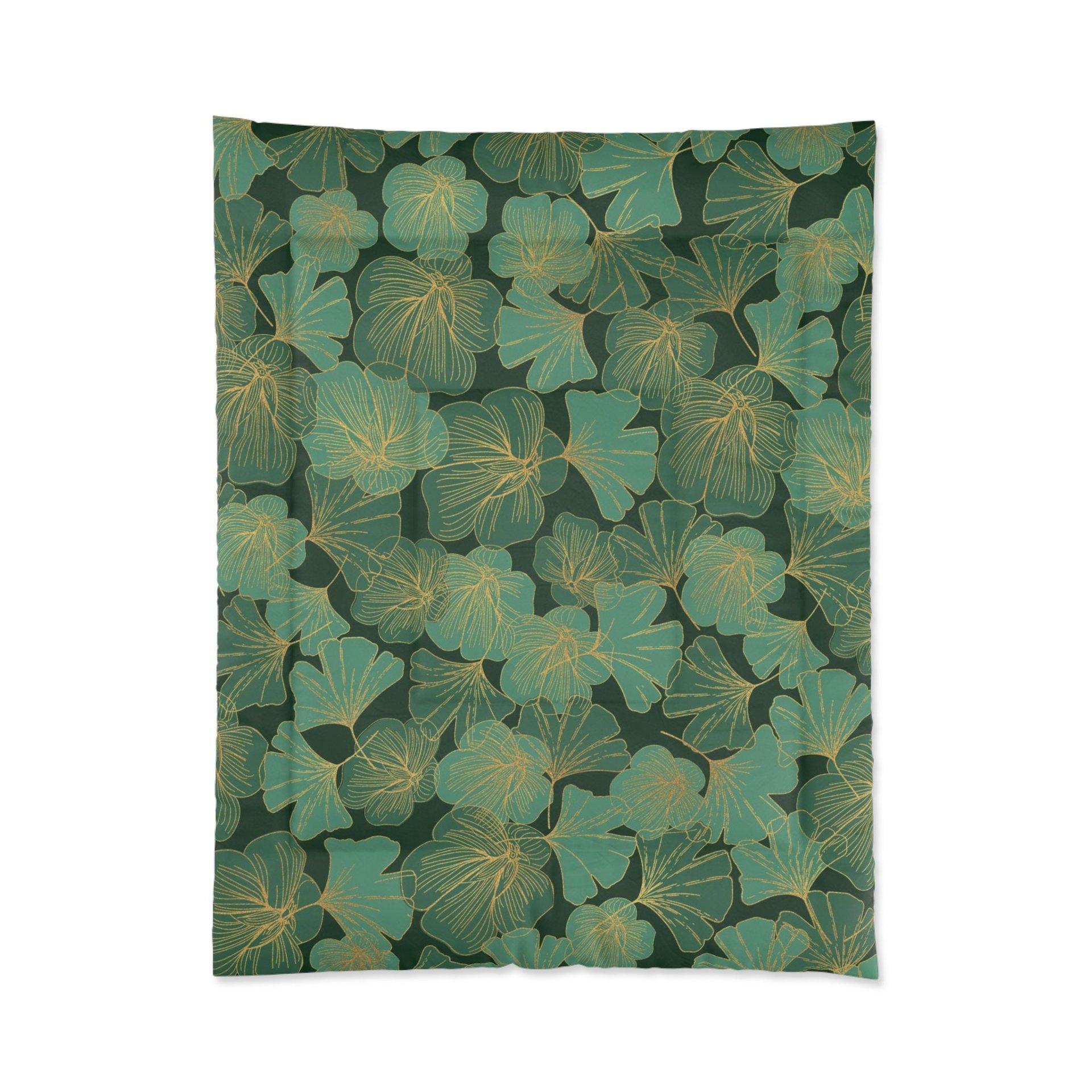 Green and Gold Asian Leaf Bedding, Cotton or Poly