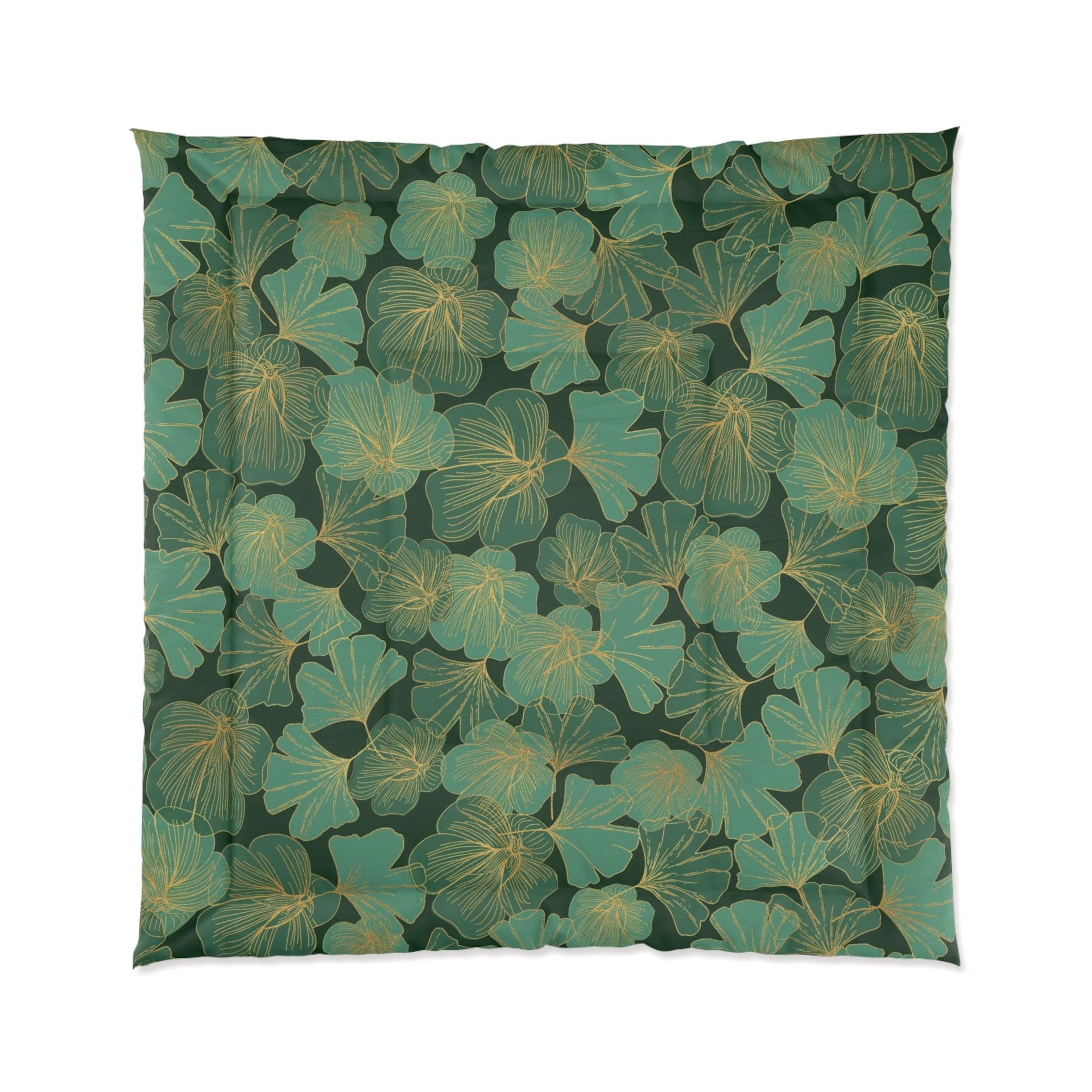 Green and Gold Asian Leaf Bedding, Cotton or Poly