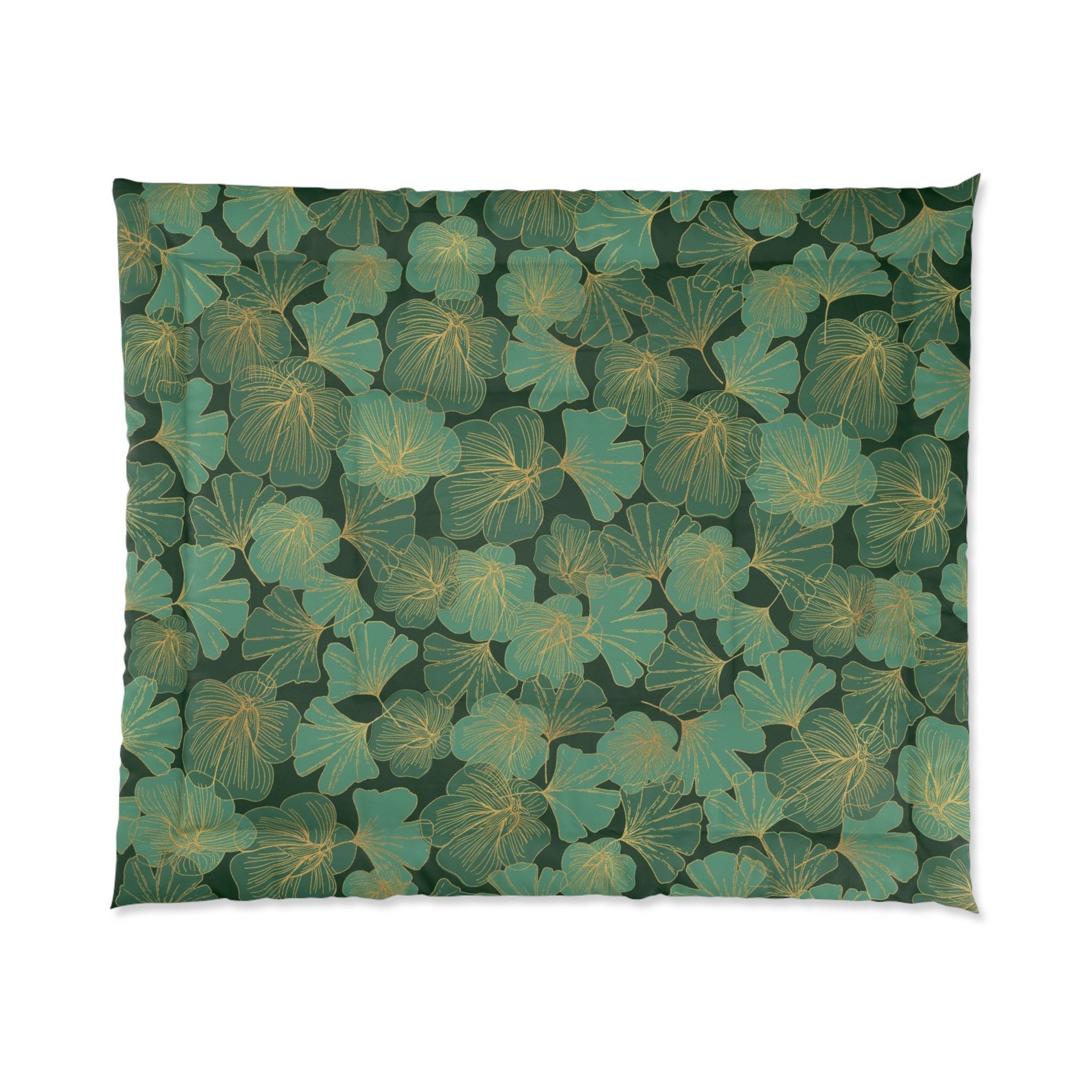 Green and Gold Asian Leaf Bedding, Cotton or Poly