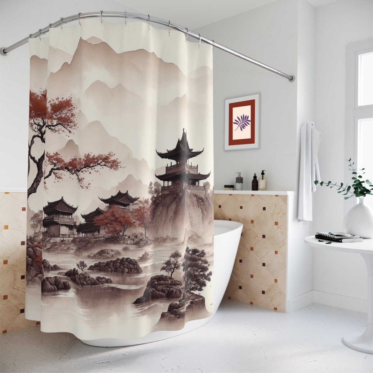 Japanese Shower Curtain, Traditional Watercolor Landscape