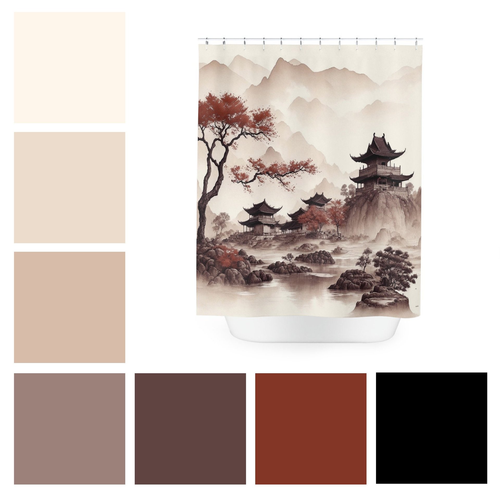 Japanese Shower Curtain, Traditional Watercolor Landscape color palette
