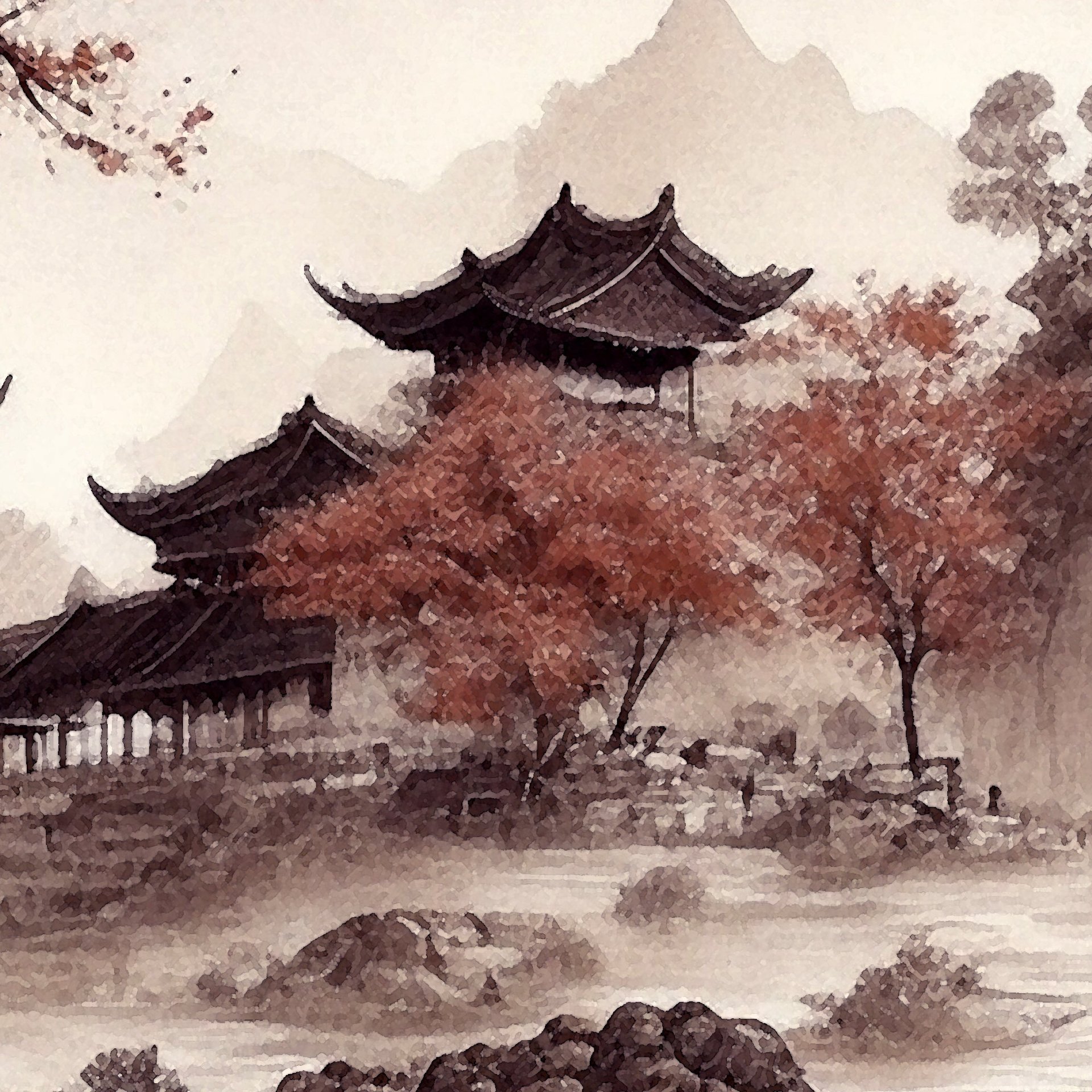 Japanese Traditional Watercolor Landscape detail