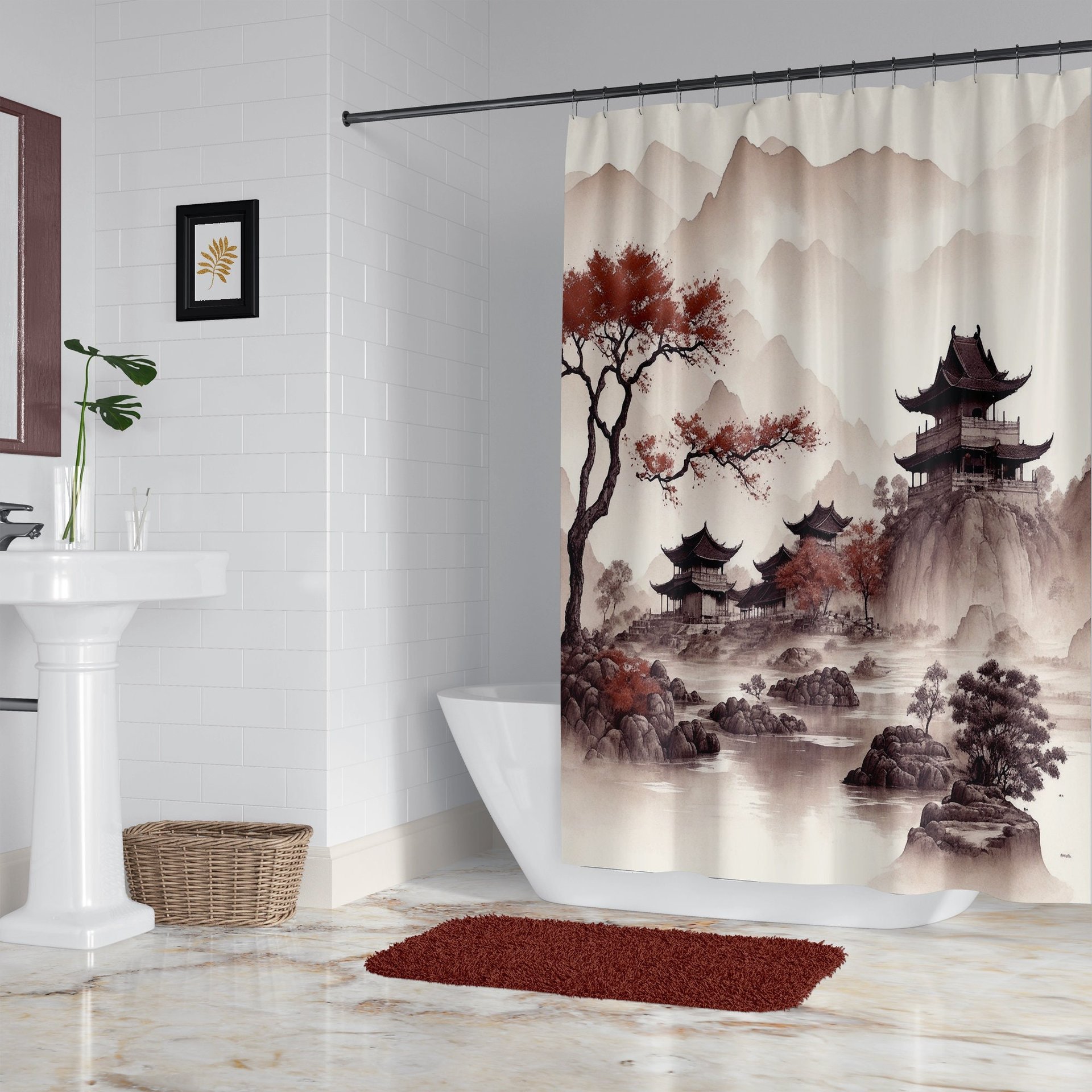 Japanese Shower Curtain, Traditional Watercolor Landscape
