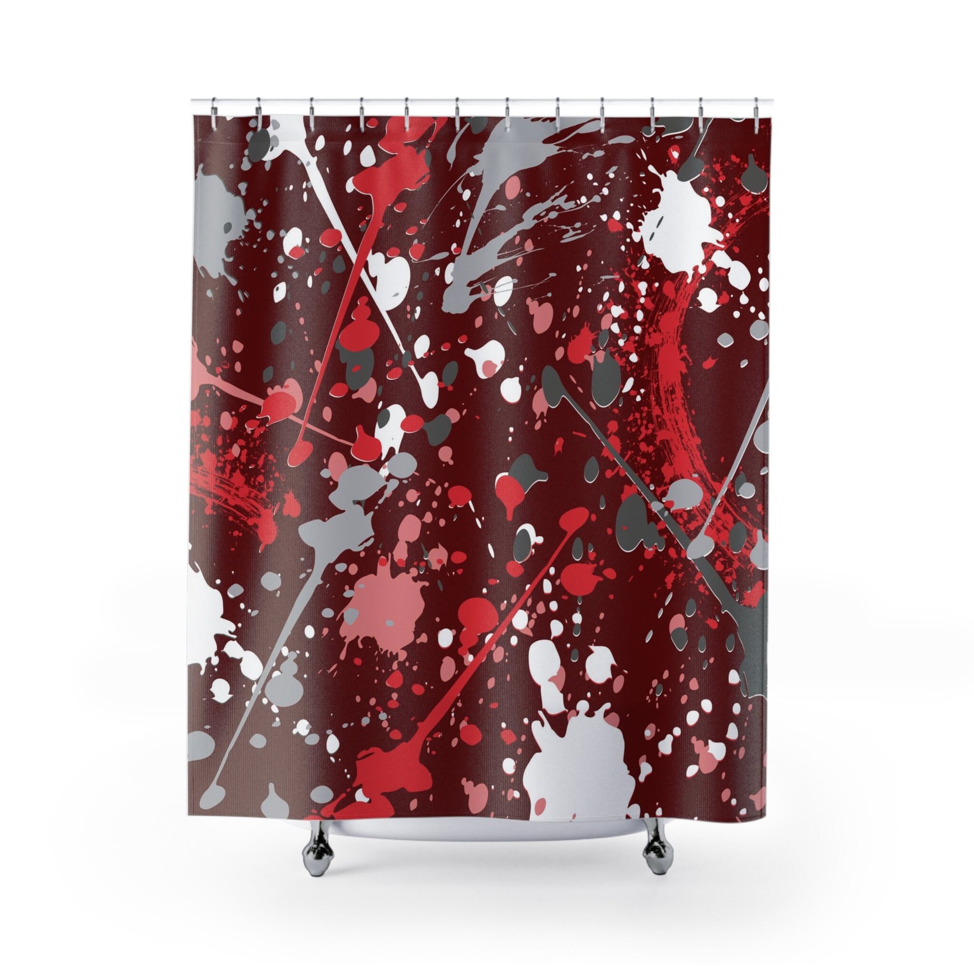 Shower curtain with a colorful maximalist abstract artsy design in red, gray pink and white paint spatter on a burgundy background for a funky masculine bathroom décor.