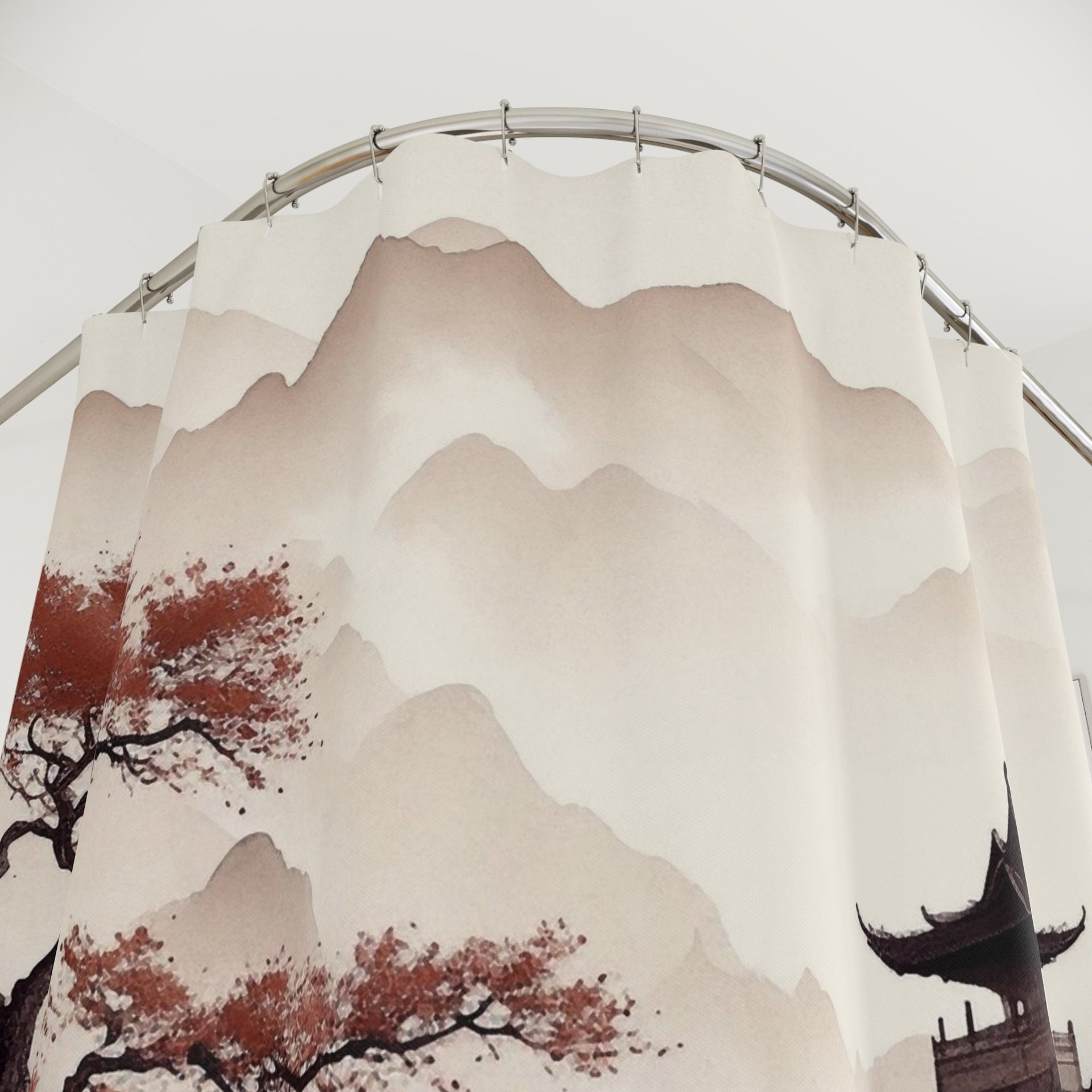 Japanese Shower Curtain, Traditional Watercolor Landscape top view