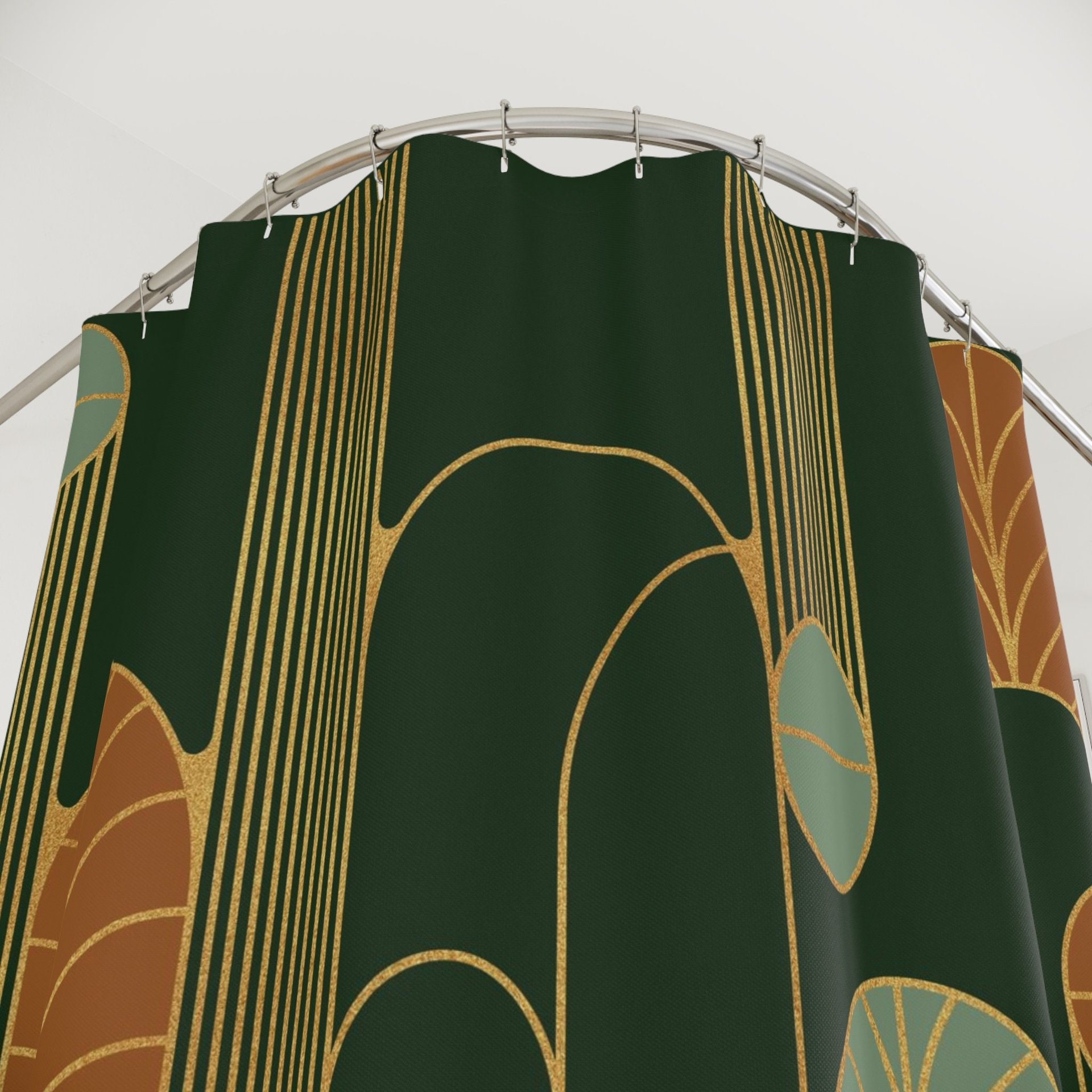 Forest Green Minimalist Art Deco Shower Curtain top view