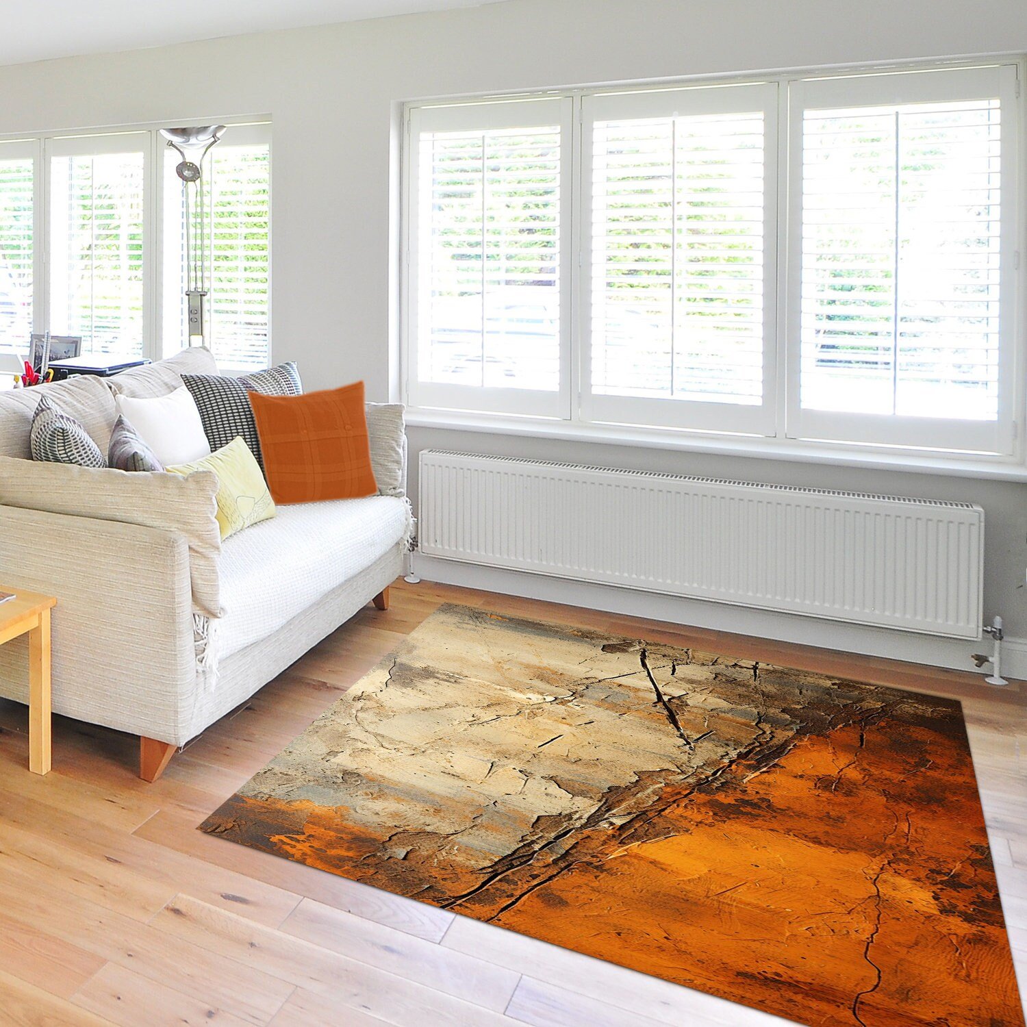 Abstract Industrial Rug – Flaking, Cracked Paint Texture staged in a loft-style living room.