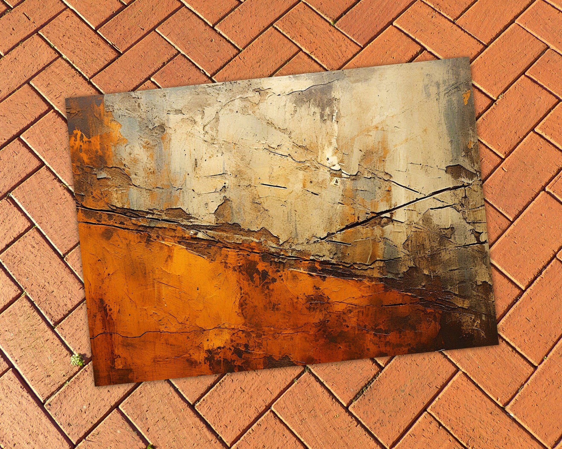 Abstract Industrial Rug – Flaking, Cracked Paint Texture on red brick patio stones.