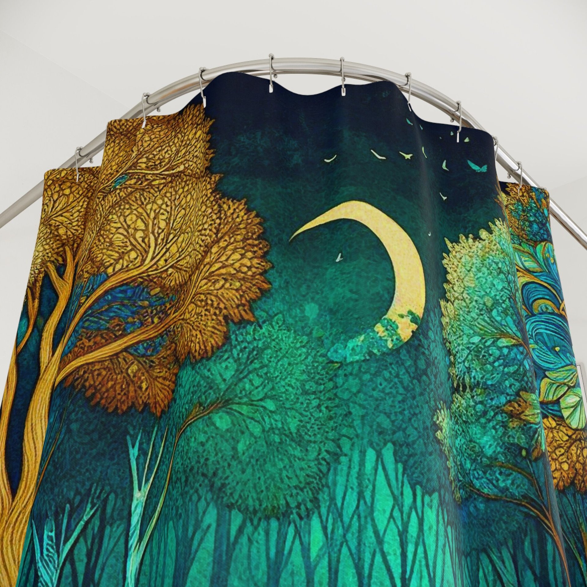 Teal Fantasy Forest Shower Curtain top view