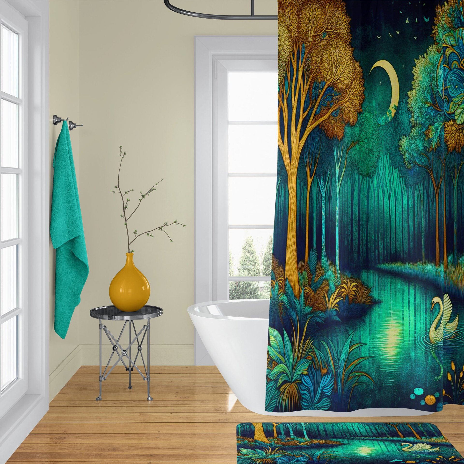 Teal Fantasy Forest Shower Curtain set