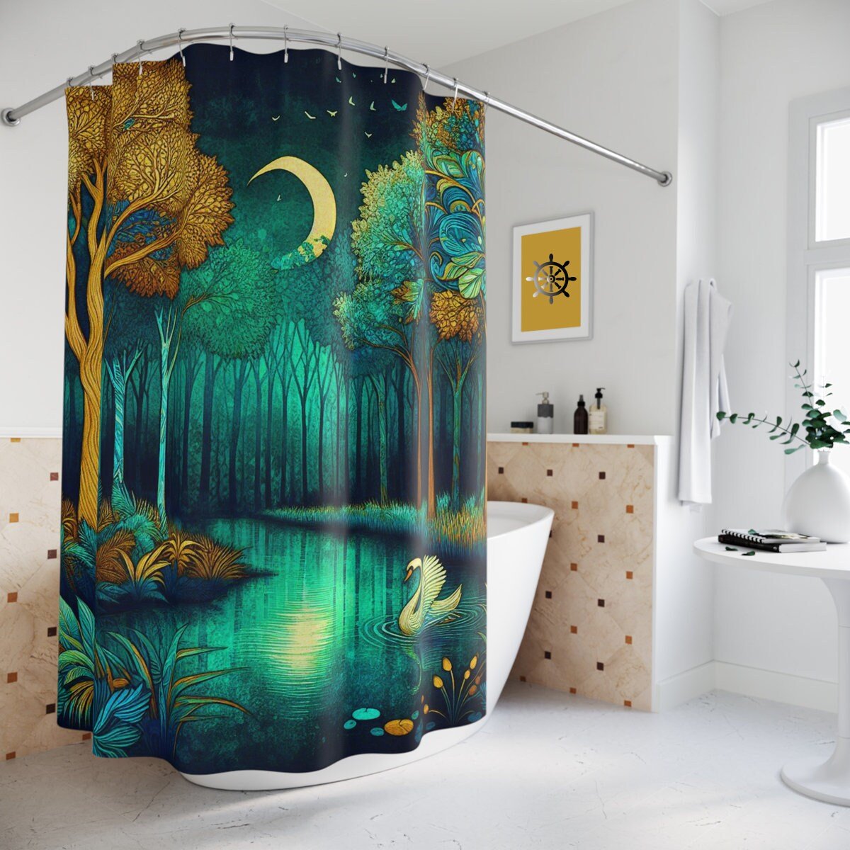 Teal Fantasy Forest Shower Curtain