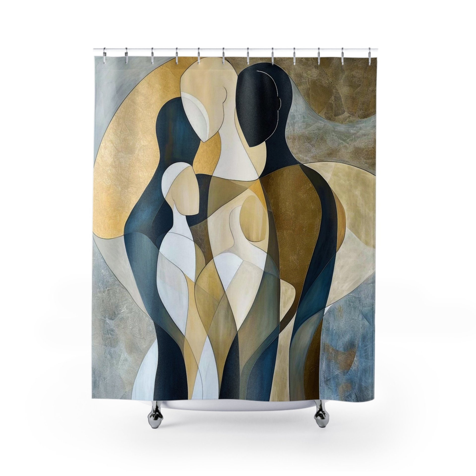 Shower curtain with fine art family scene in blue, gray, black, brown and beige abstract figures.