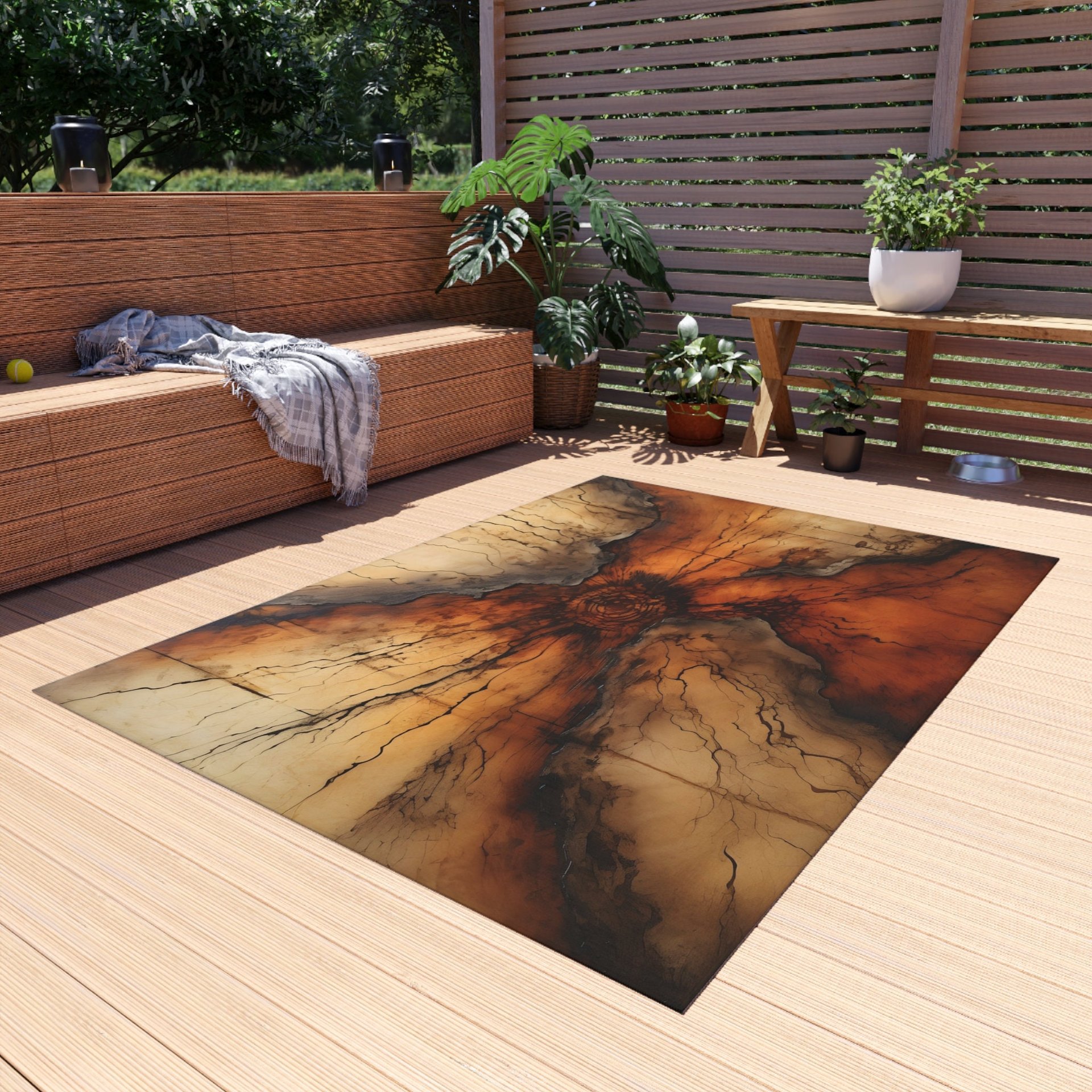 Redwood Burl Rug – Abstract Design in Rich Earth Tones in a backyard space