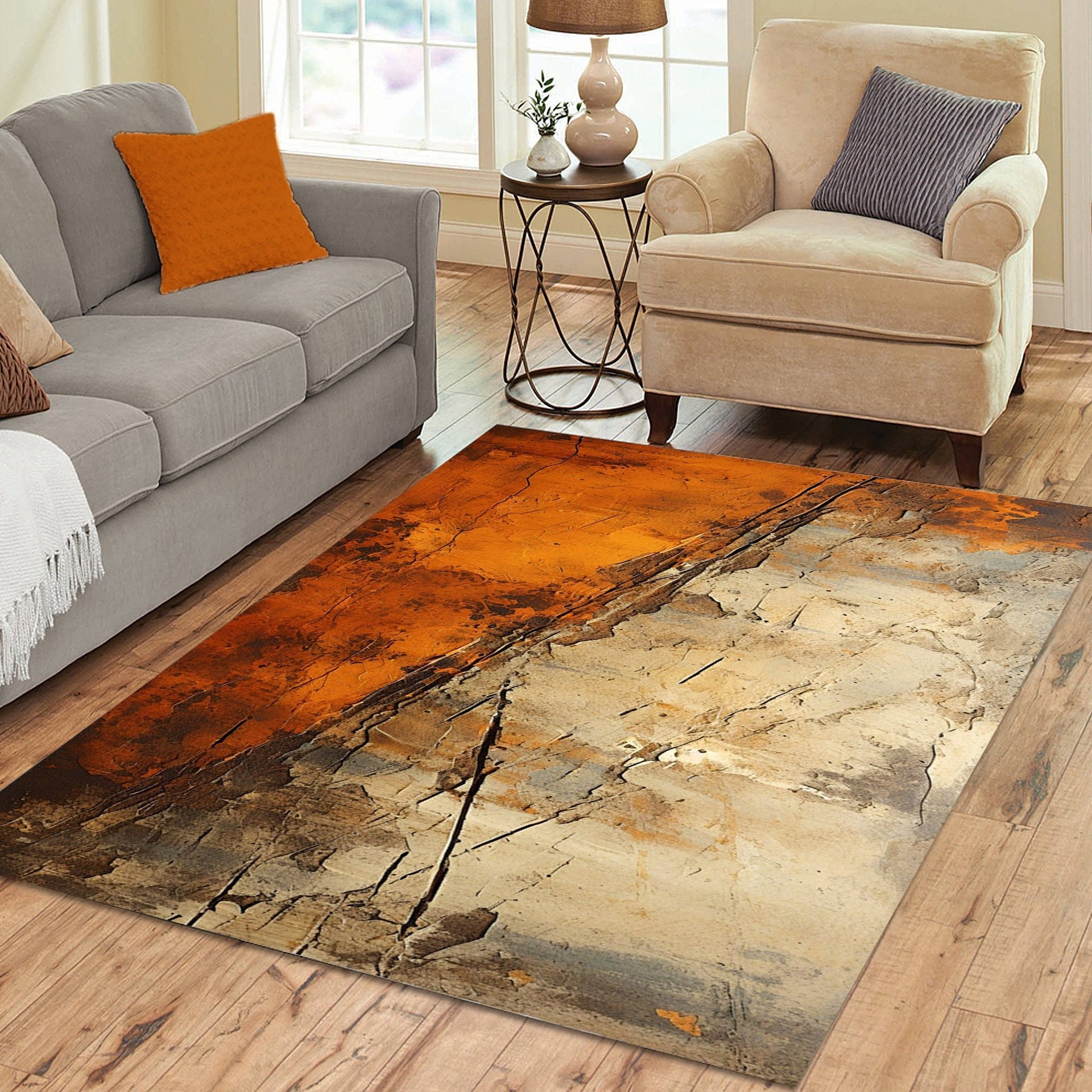 Abstract Industrial Rug – Flaking, Cracked Paint Texture in orange, beige and brown.