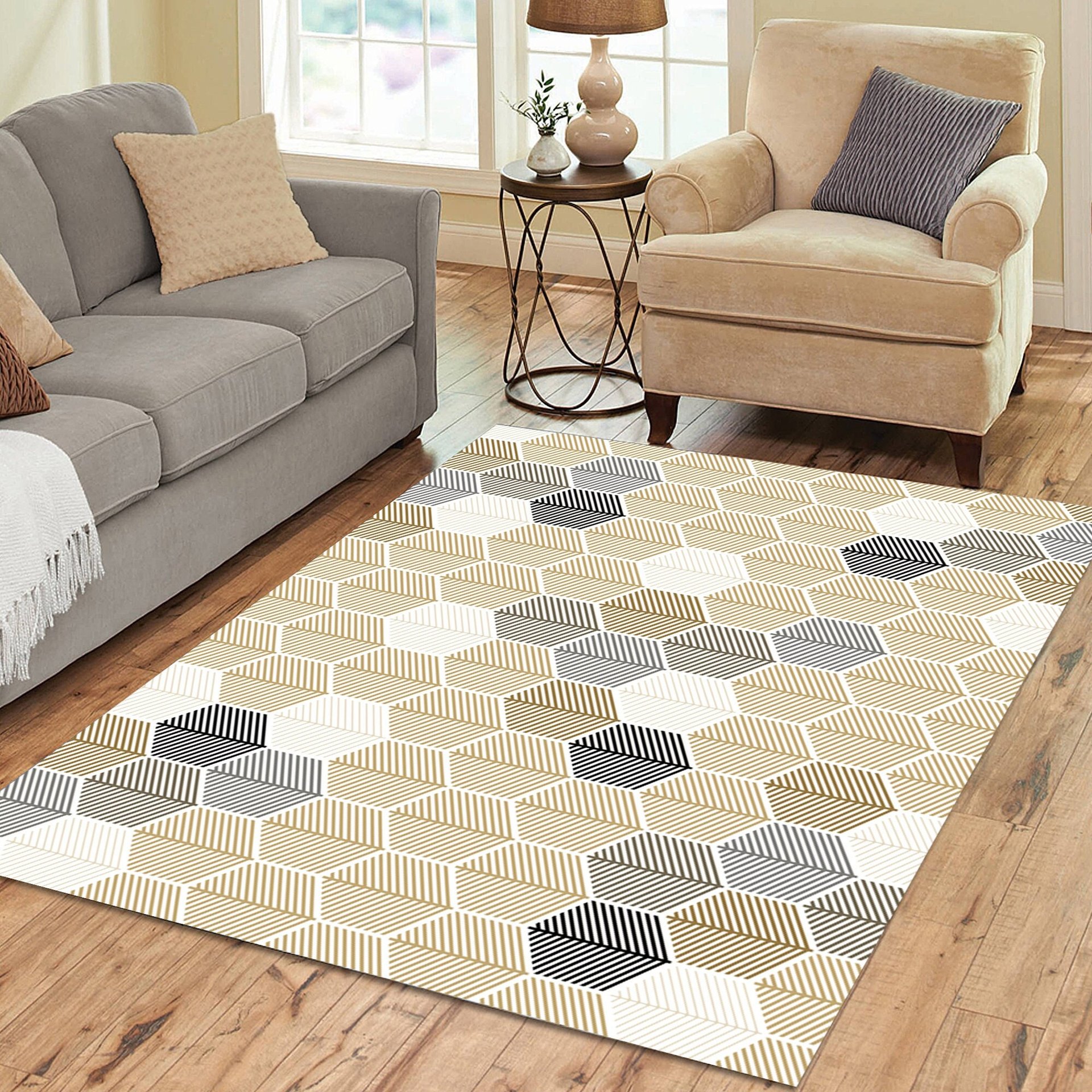Neutral Geometric Area Rug – Leaf Design Hexagon Pattern in a contemporary living room.
