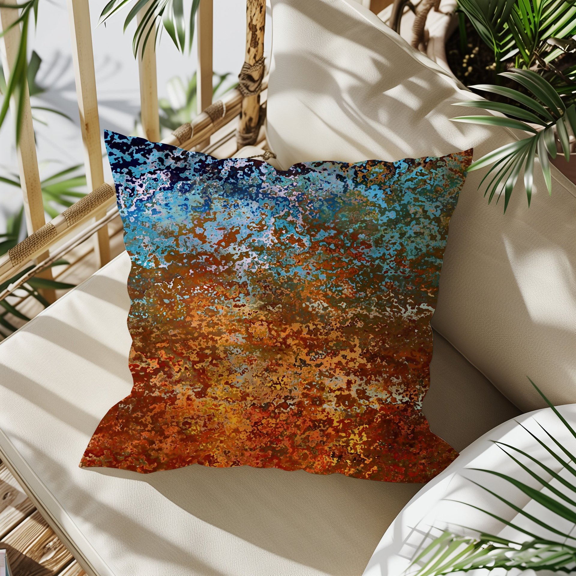 Burnt Orange and Blue Rusted Metal Throw Pillow