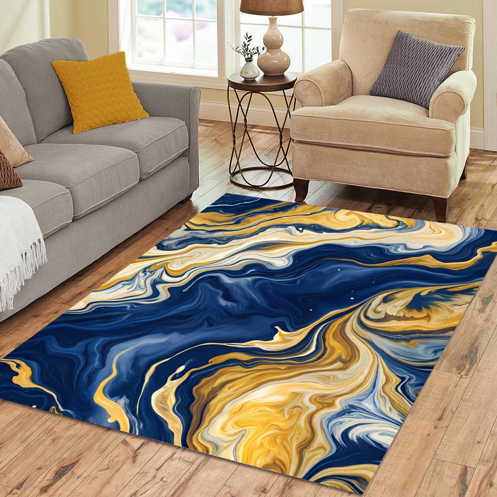 Bold Abstract Fluid Art Statement Rug – Swirling Navy, Gold & Cream Marble 