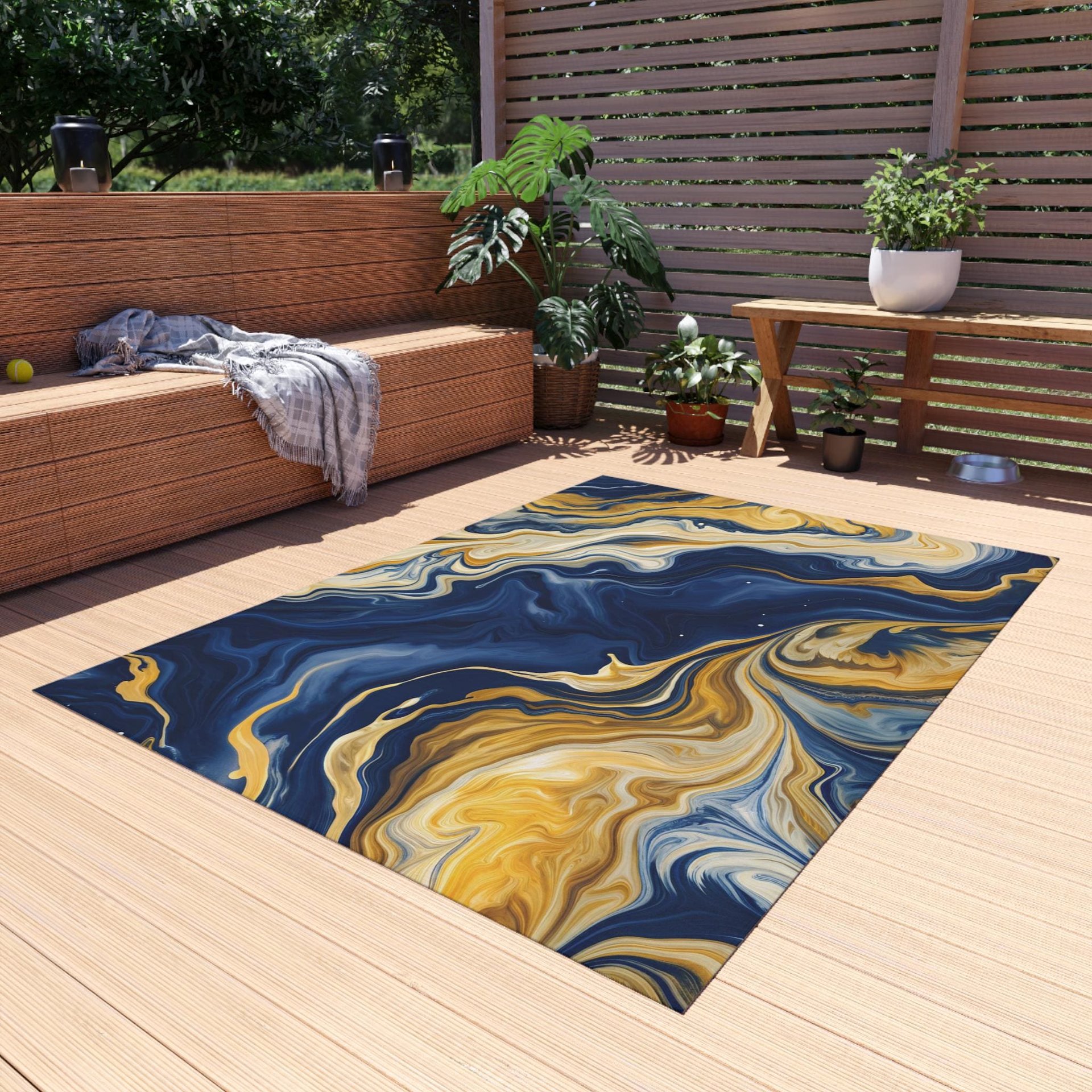 Outdoor Bold Abstract Fluid Art Statement Rug – Swirling Navy, Gold & Cream Marble 