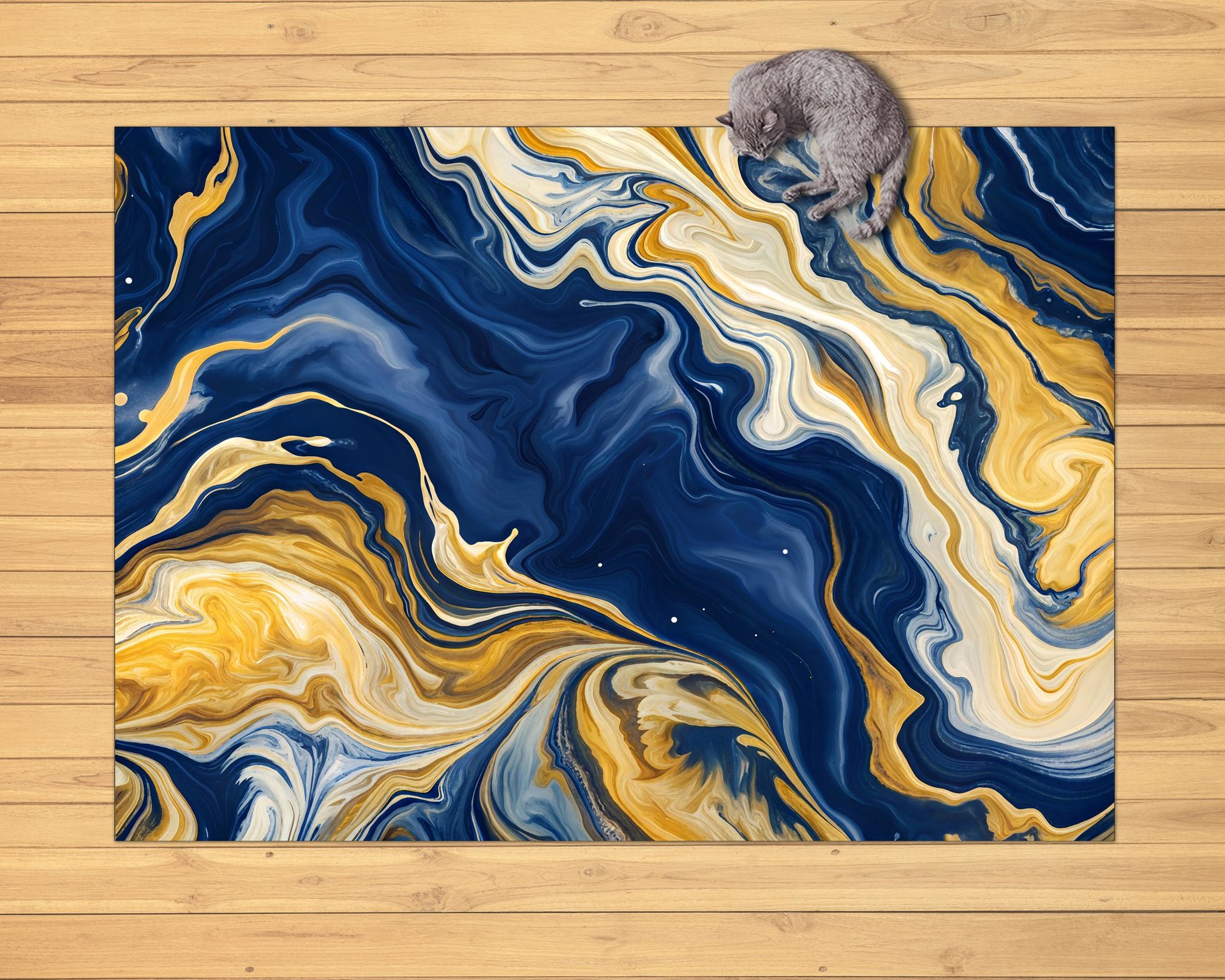 Bold Abstract Fluid Art Statement Rug – Swirling Navy, Gold & Cream Marble 