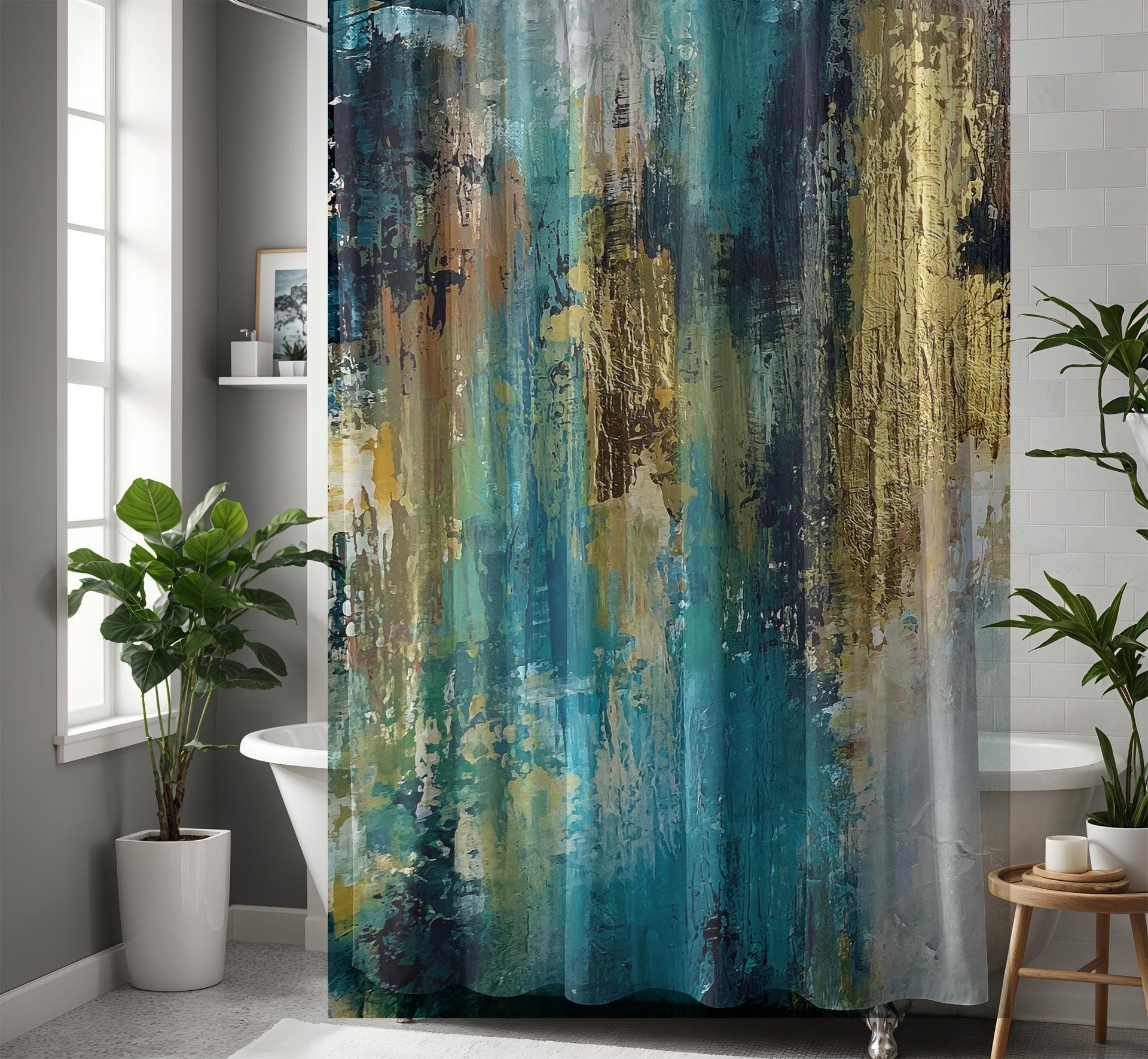 Teal and gold Abstract Modern Art Shower Curtain