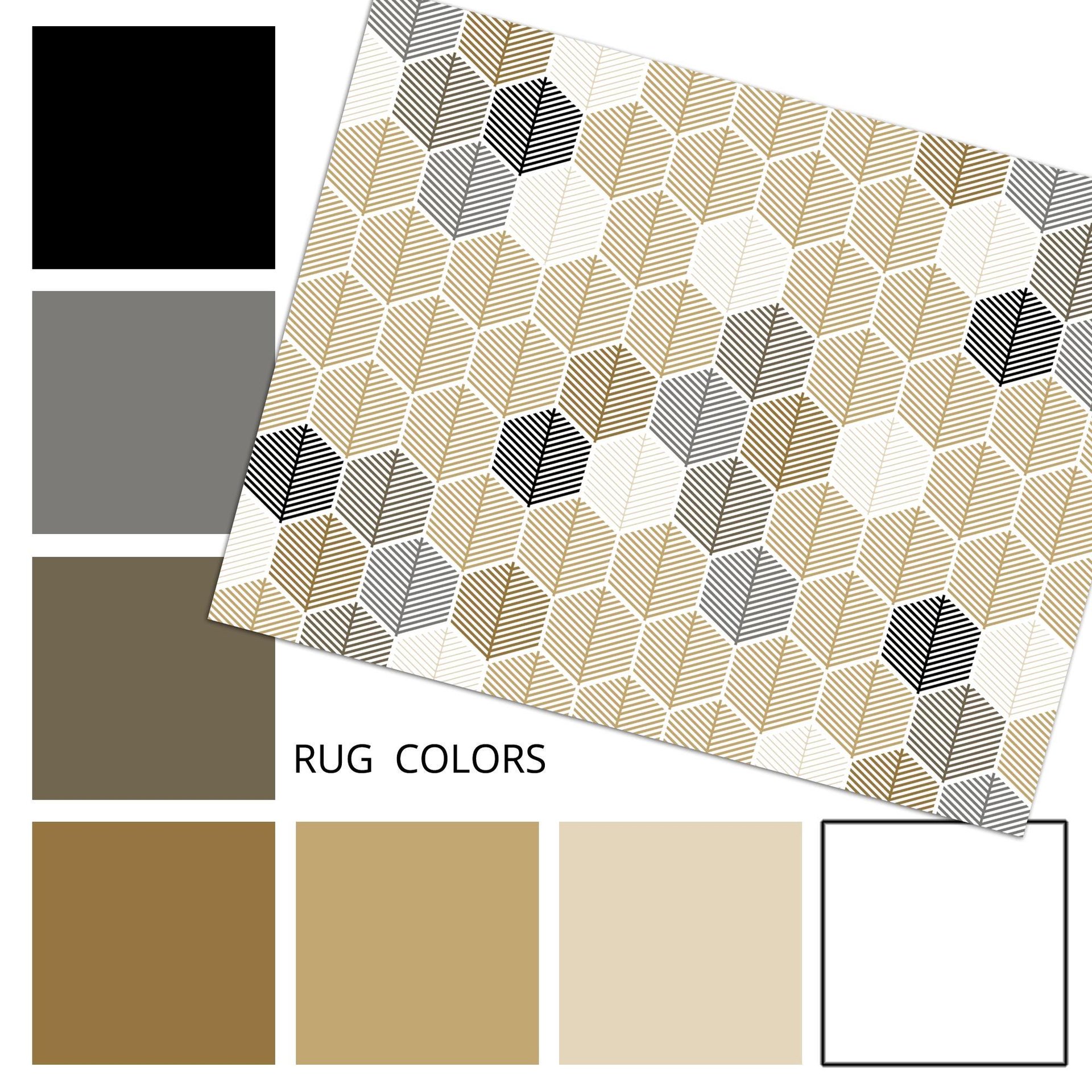 Neutral Geometric Area Rug – Leaf Design Hexagon Pattern color palette swatches.