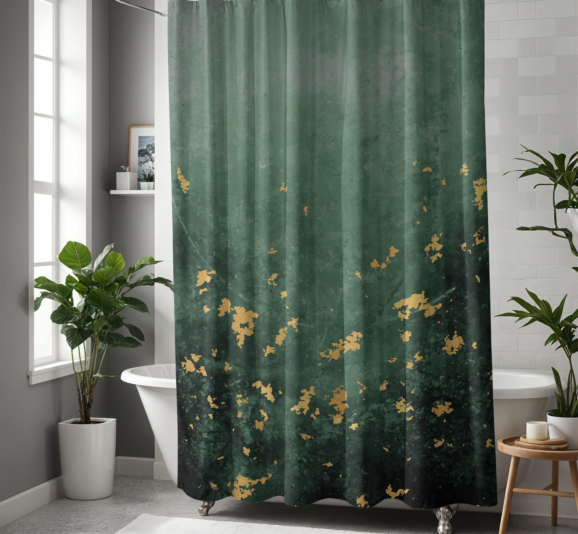 Abstract Green Gray Ombré and Gold Shower Curtain