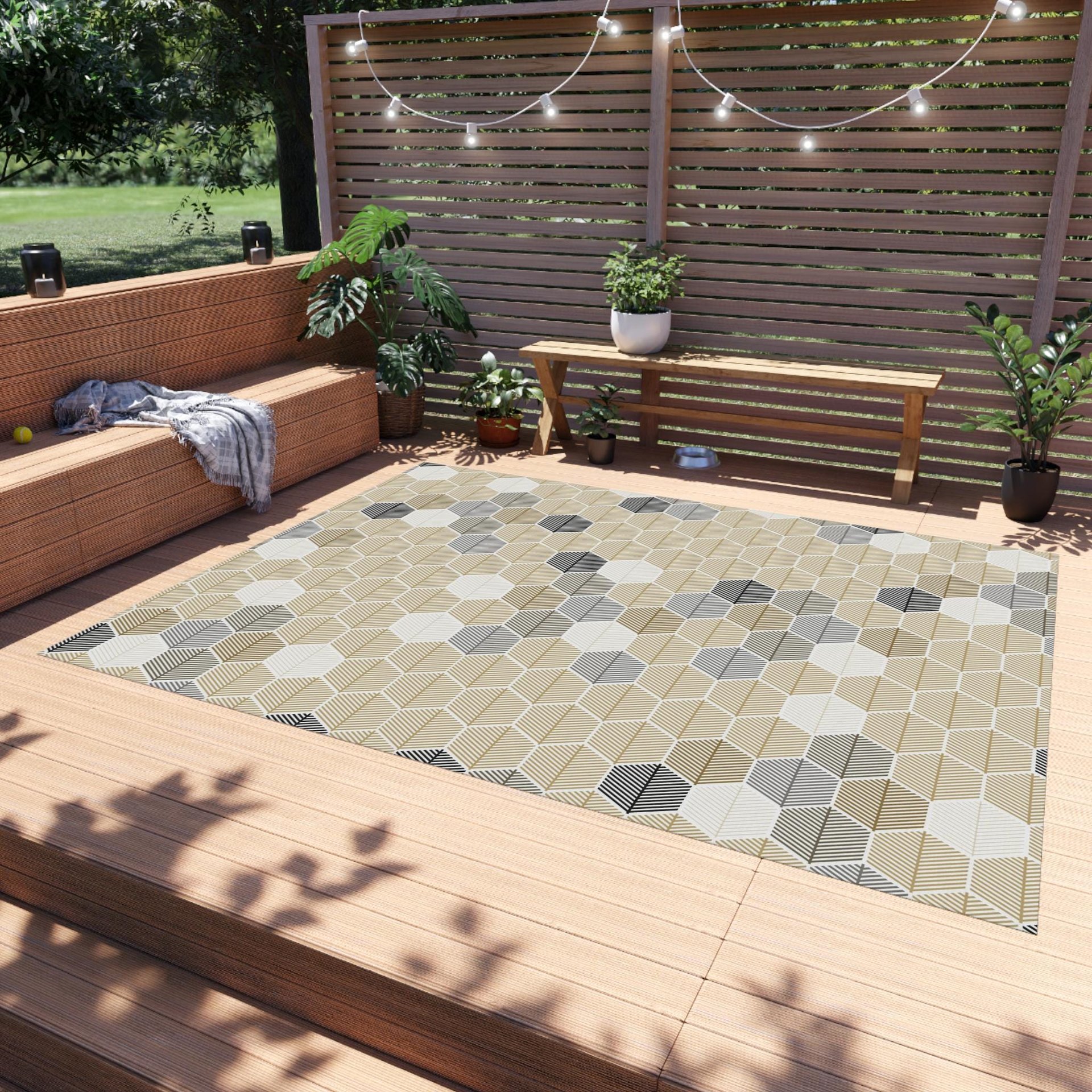 Neutral Geometric Area Rug – Leaf Design Hexagon Pattern in an outdoor space.
