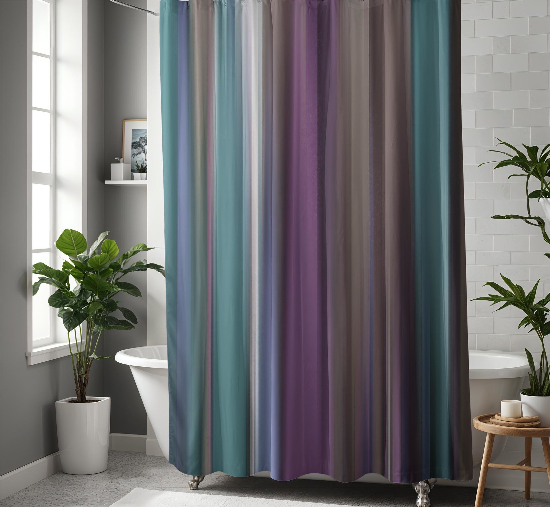 Muted Vertical Stripes Shower Curtain in purple, blue, taupe and gray
