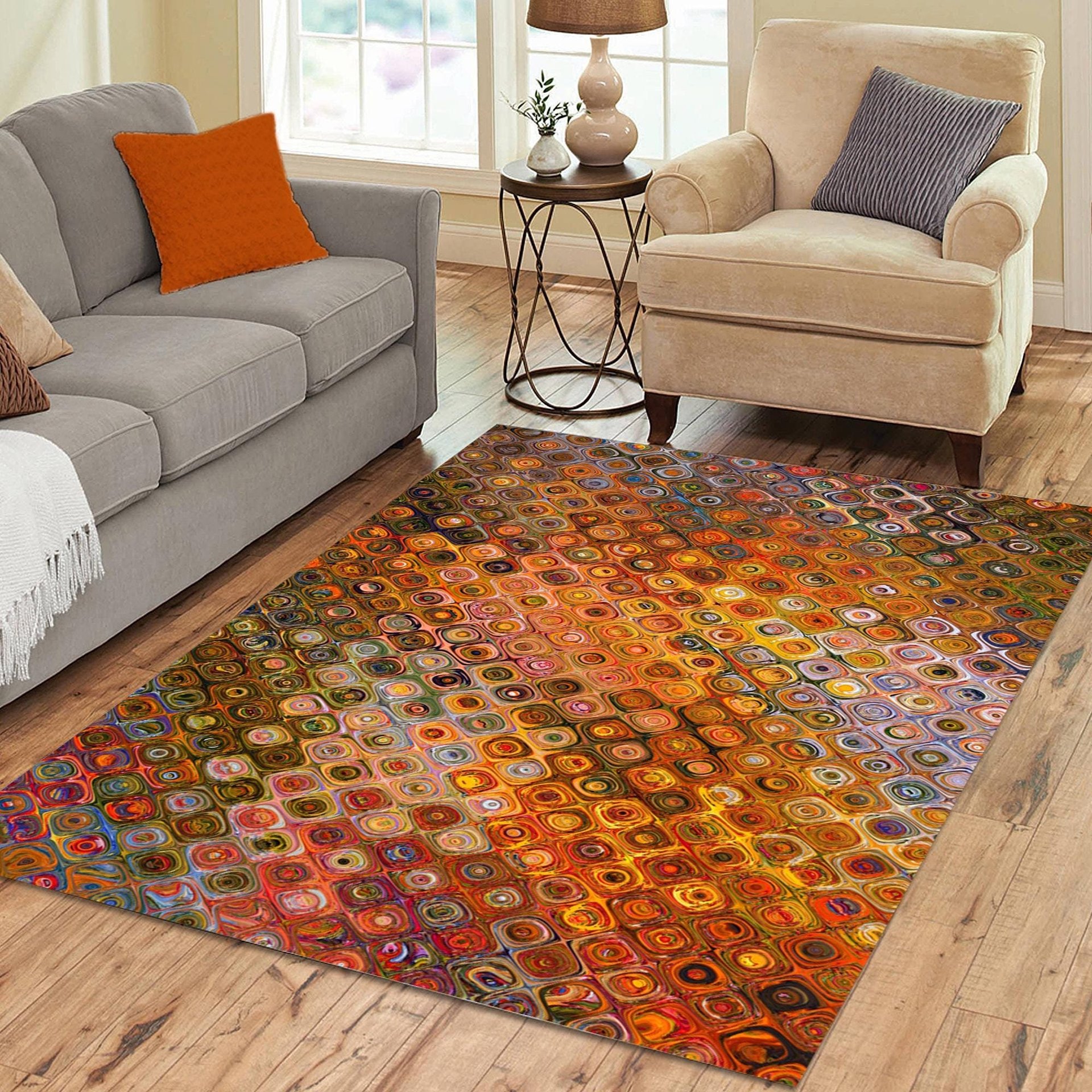 Colorful Boho Rug – Orange Mosaic Pattern with Retro Flair displayed in a neutral, contemporary living room. 