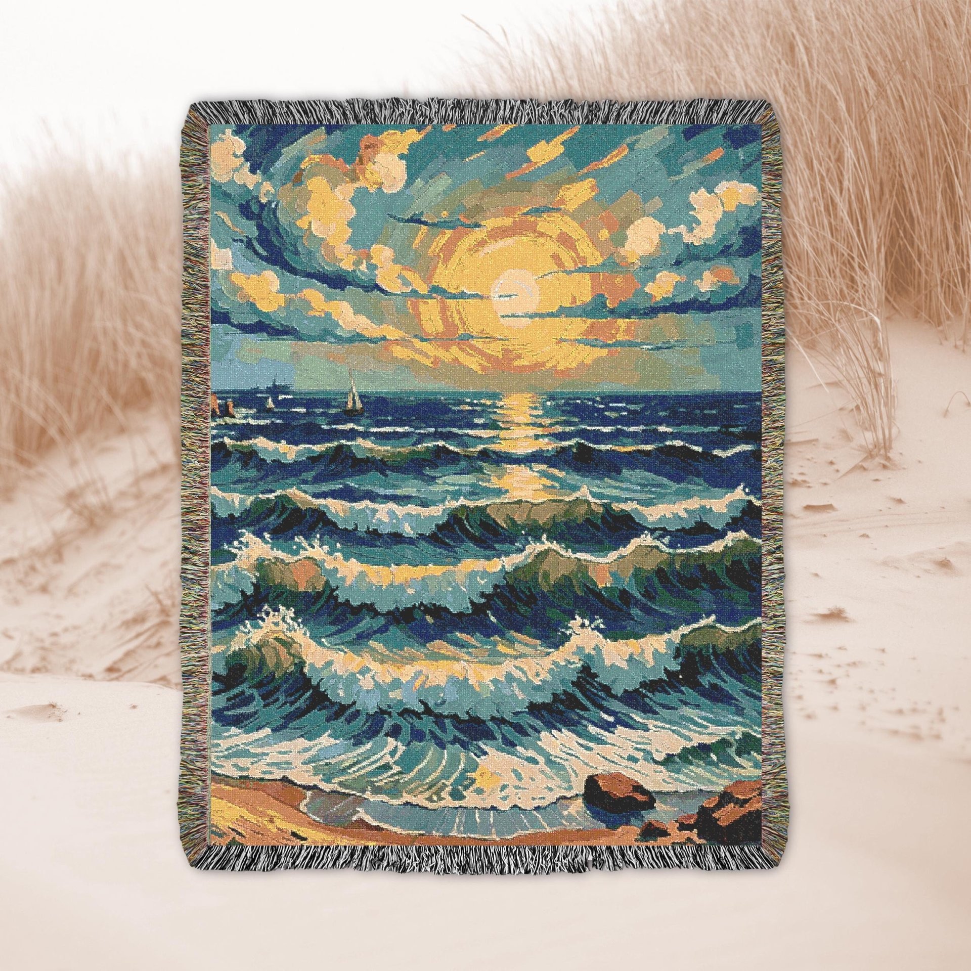 Tropical beach sunset woven blanket