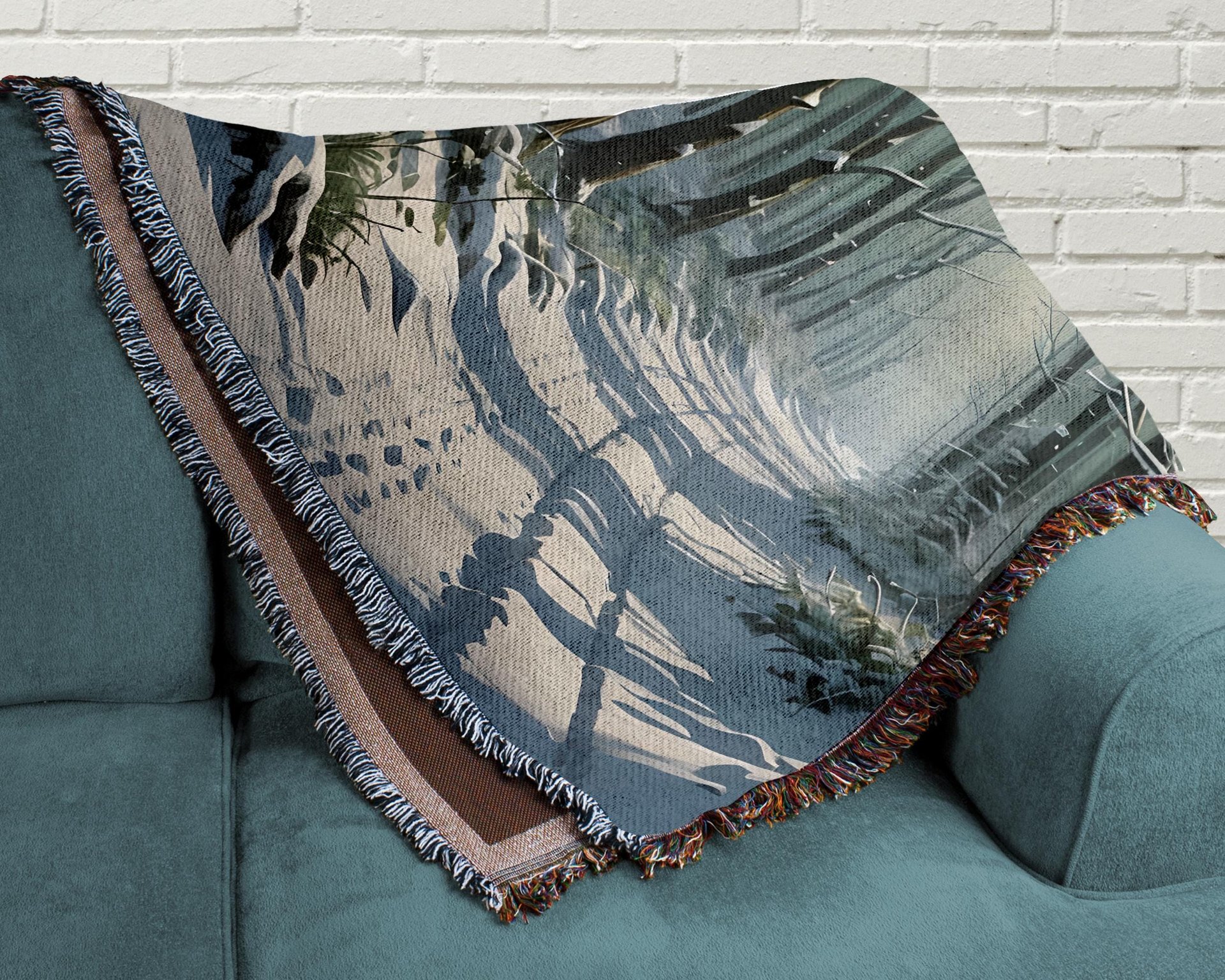 Snowy Forest Path Woven Throw on a couch
