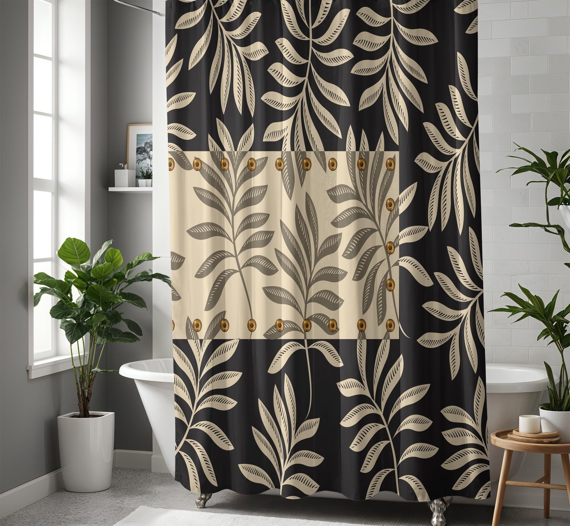 Neutral Leaf Pattern Shower Curtain - Industrial Style