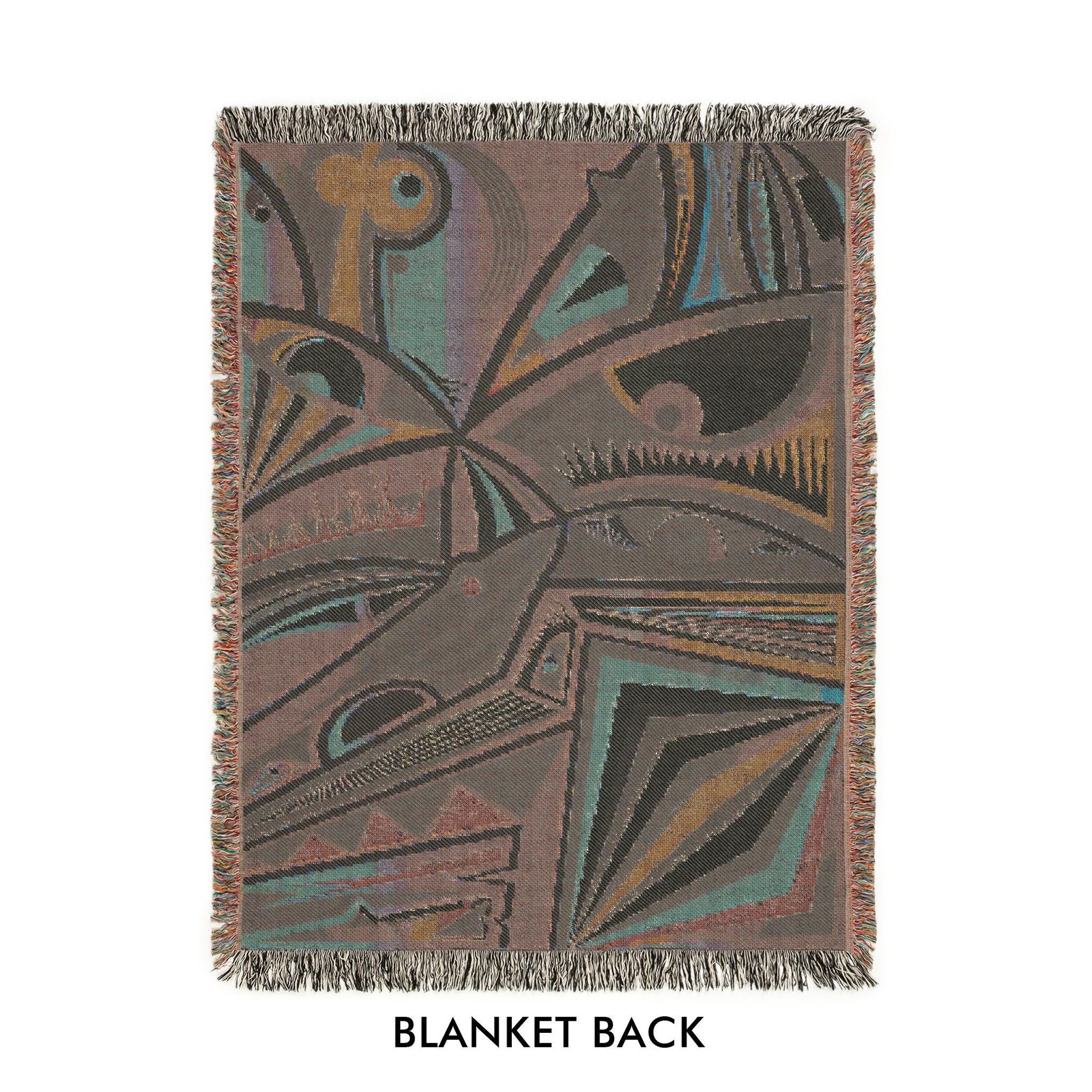 Modern Cubist Woven Blanket – Abstract Art Throw in Blue and Brown reverse side.