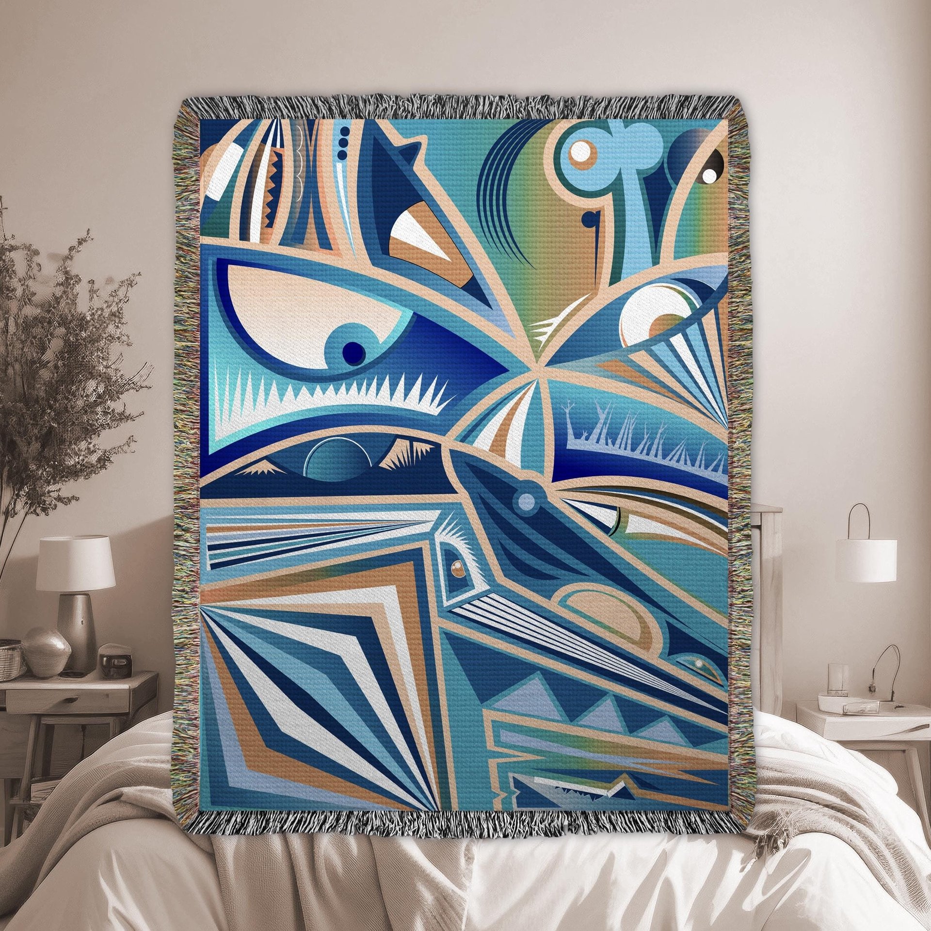 Modern Cubist Woven Blanket – Abstract Art Throw in Blue and Brown styled in a modern bedroom